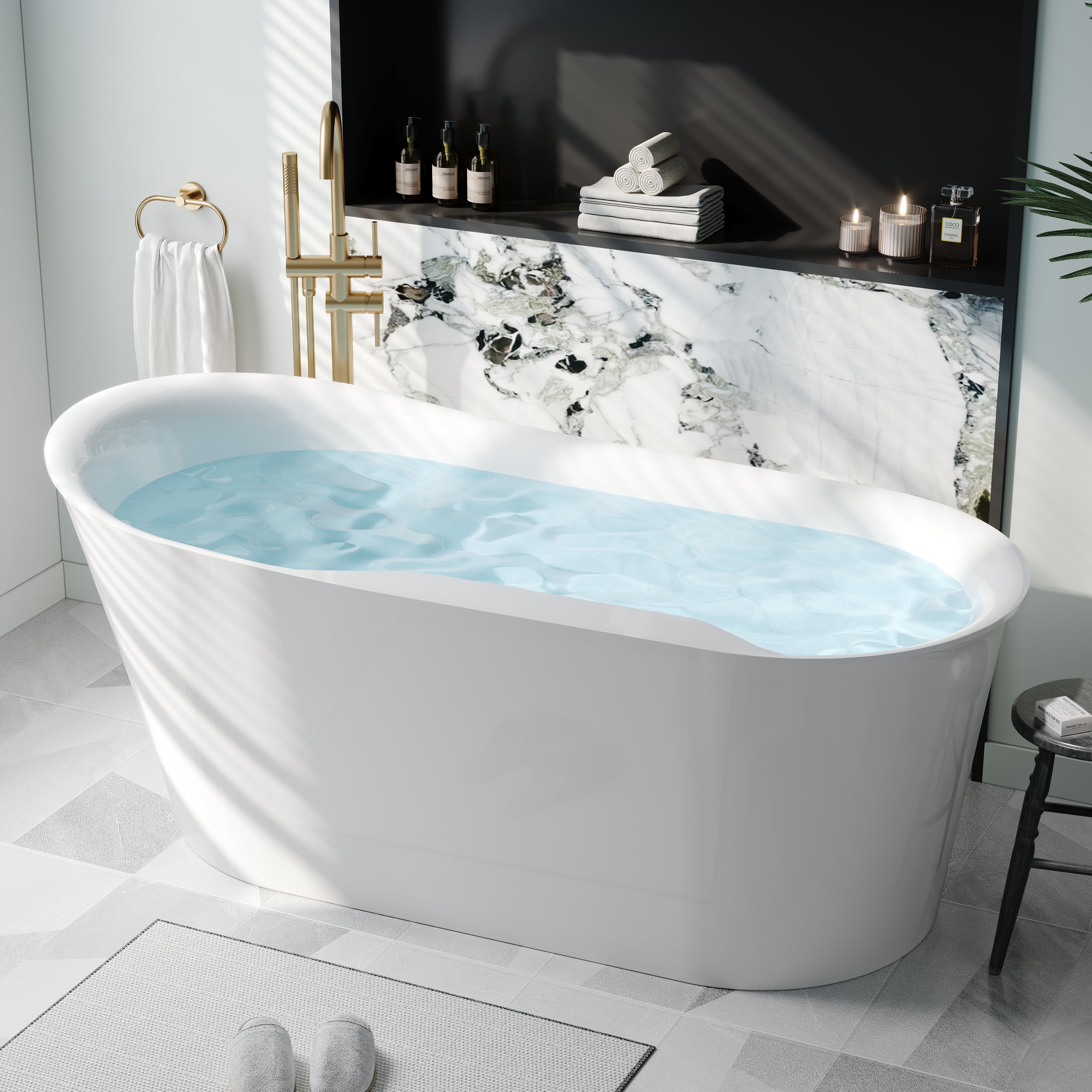 66" Freestanding Glossy White Acrylic Bathtub with Overflow and Drainage