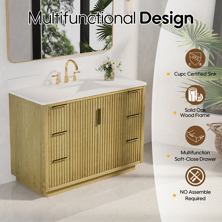 48 in. Oak Freestanding Solid Wood Bathroom Vanity with White Quartz Countertop