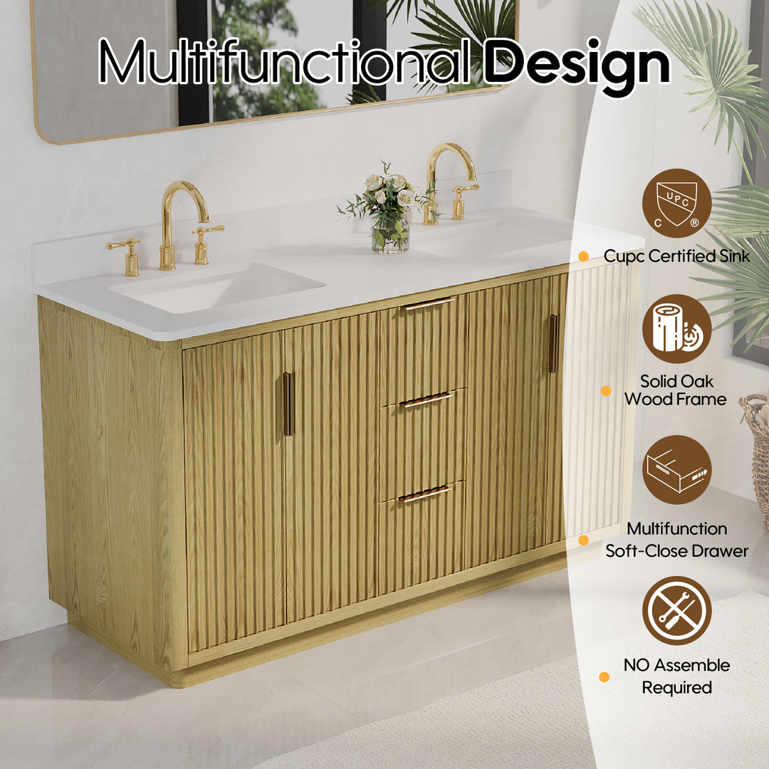 60 in. Oak Freestanding Solid Wood Bathroom Vanity with White Quartz Countertop