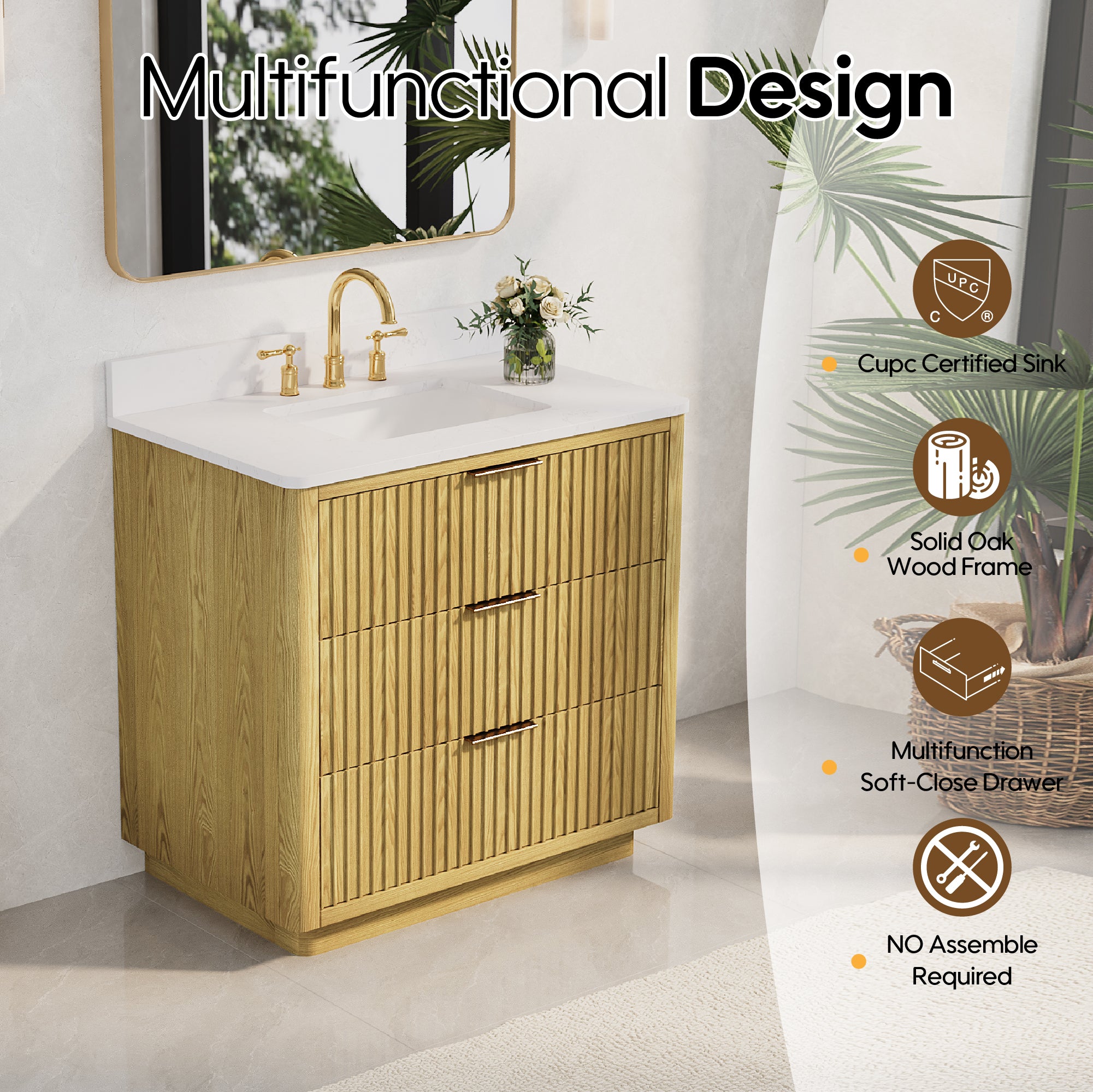 36 in. Oak Freestanding Solid Wood Bathroom Vanity with White Quartz Countertop