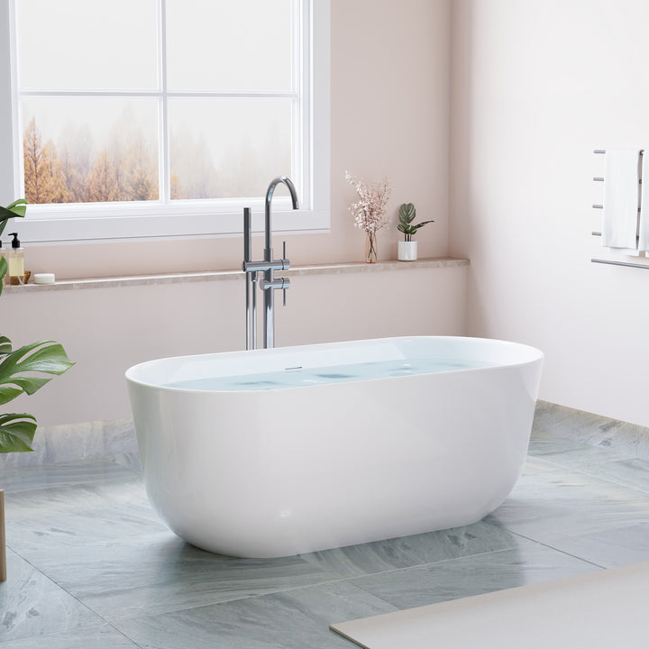 60" Freestanding Glossy White Acrylic Bathtub with Slotted Overflow