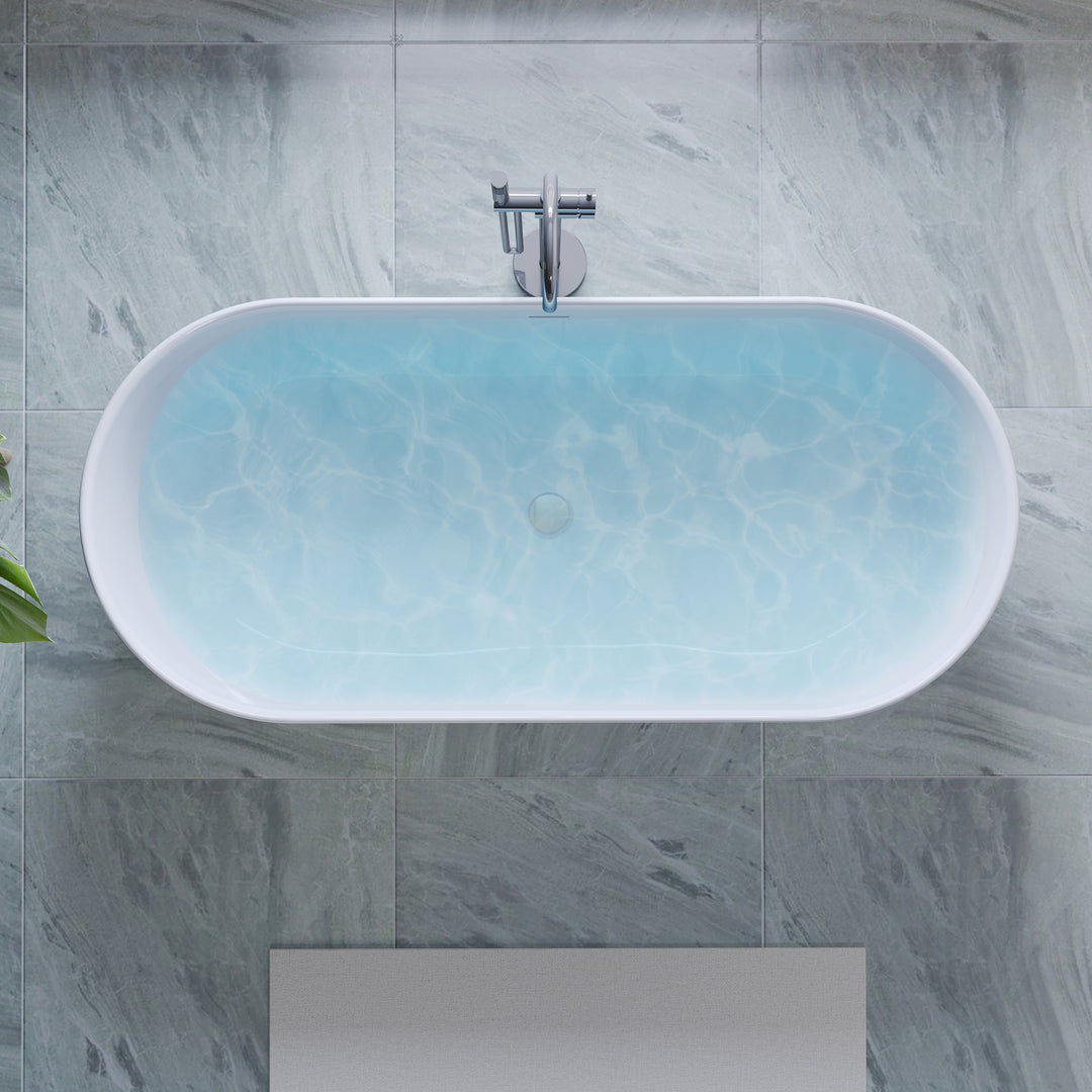 60" Freestanding Glossy White Acrylic Bathtub with Slotted Overflow