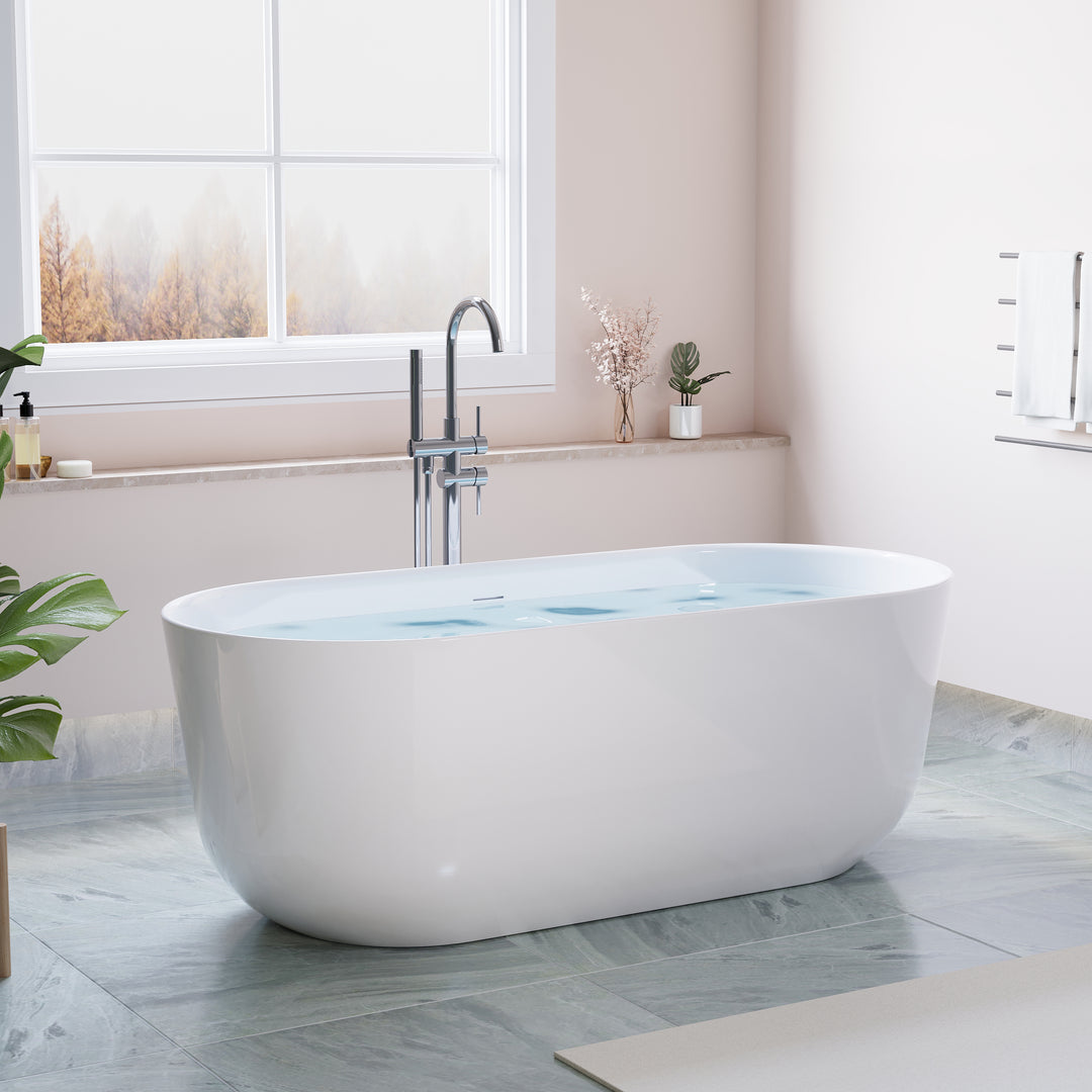 67" Freestanding Glossy White Acrylic Bathtub with Integrated Overflow