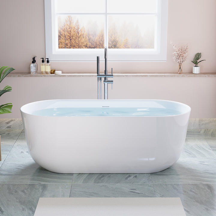 67" Freestanding Glossy White Acrylic Bathtub with Integrated Overflow