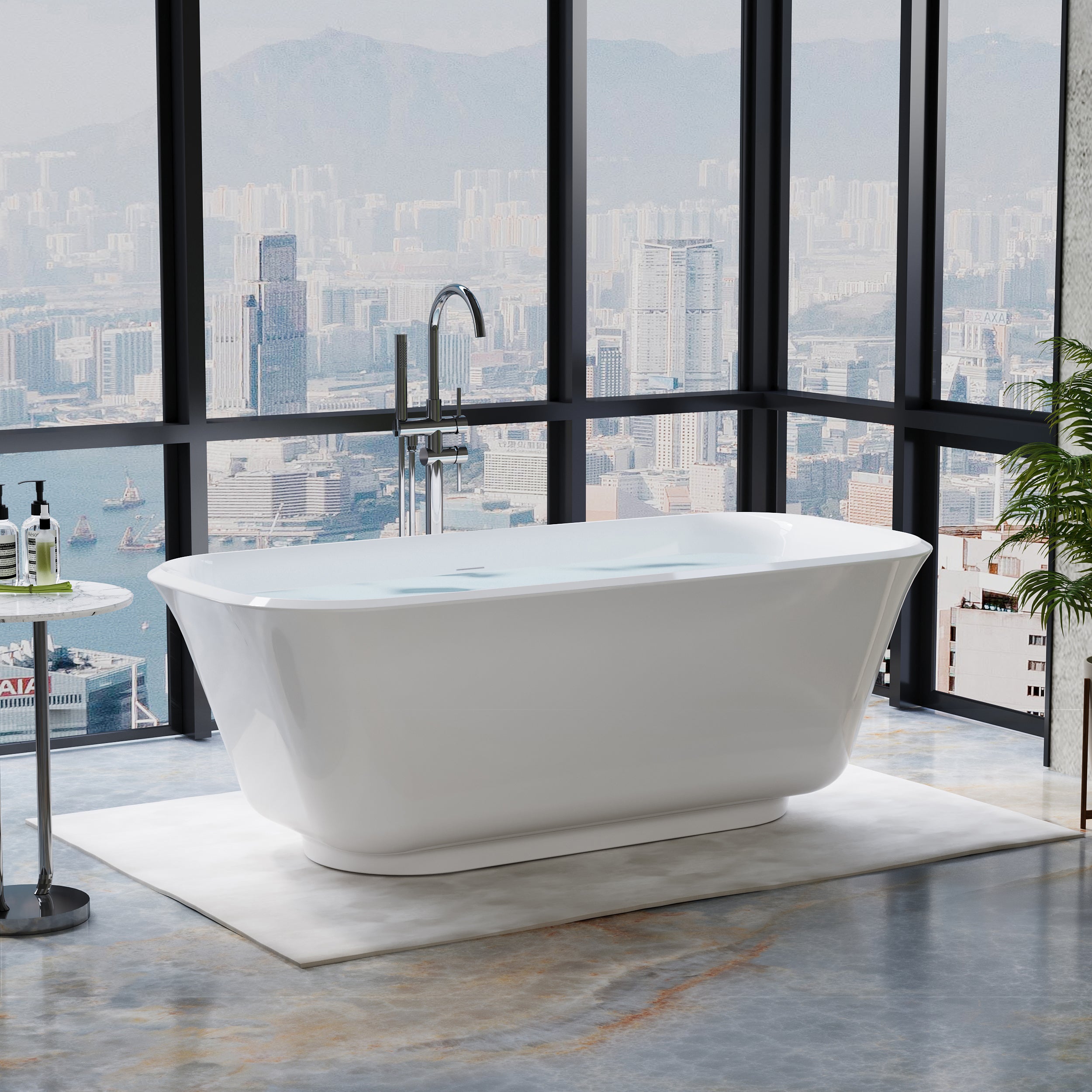 67" Freestanding Glossy White Acrylic Bathtub with Chrome Overflow