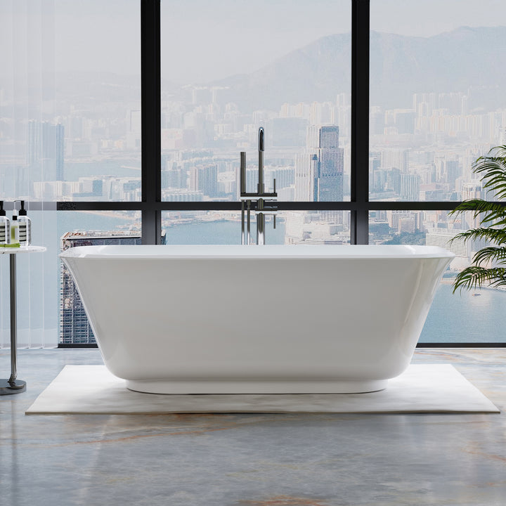 67" Freestanding Glossy White Acrylic Bathtub with Chrome Overflow