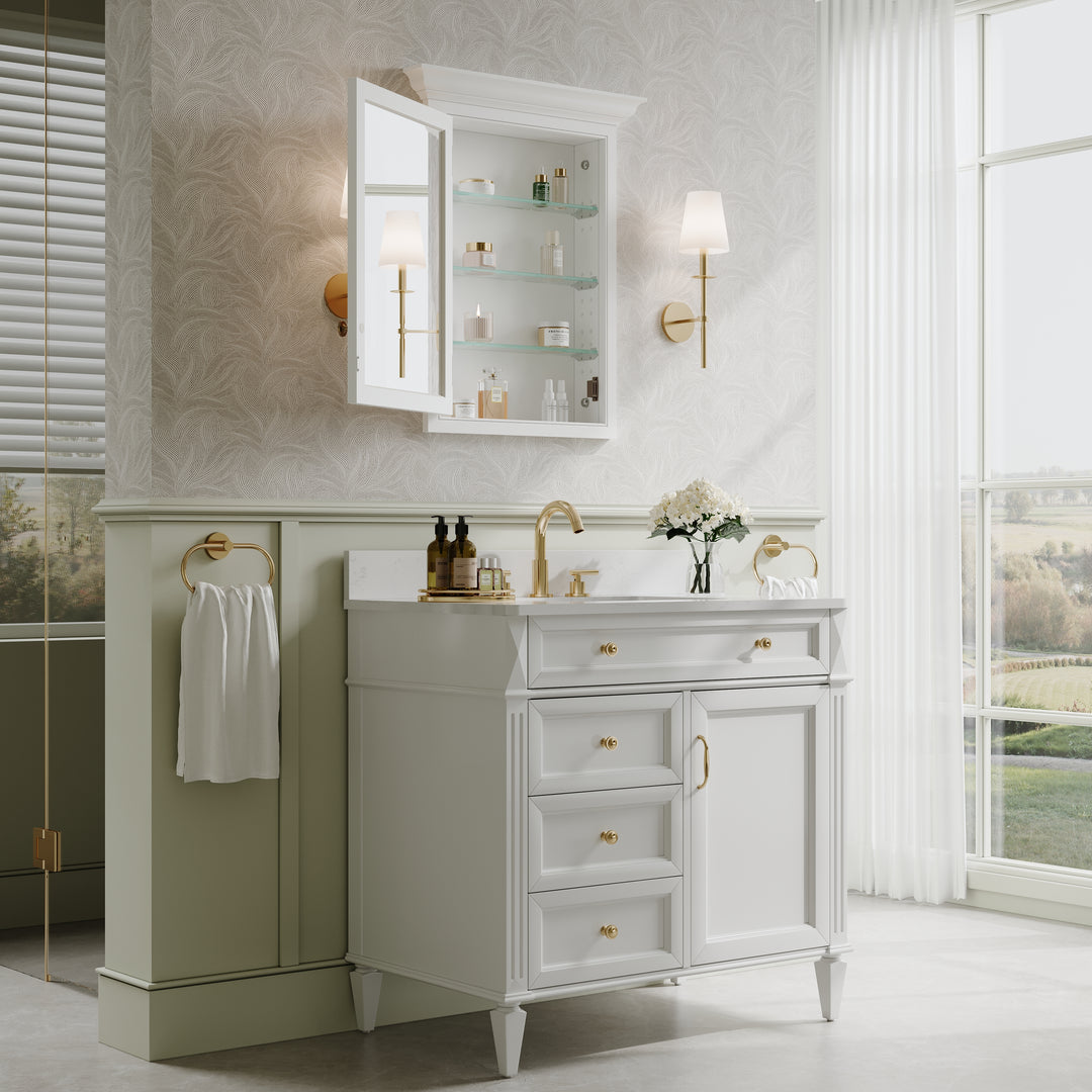 24 in. W x 30 in. H Recess Mount Bathroom Wood Medicine Cabinet with Mirror in White