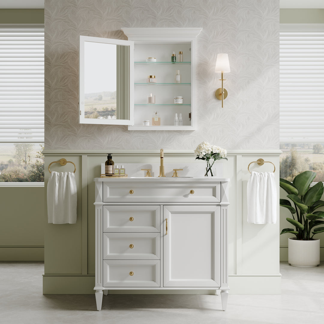 24 in. W x 30 in. H Recess Mount Bathroom Wood Medicine Cabinet with Mirror in White