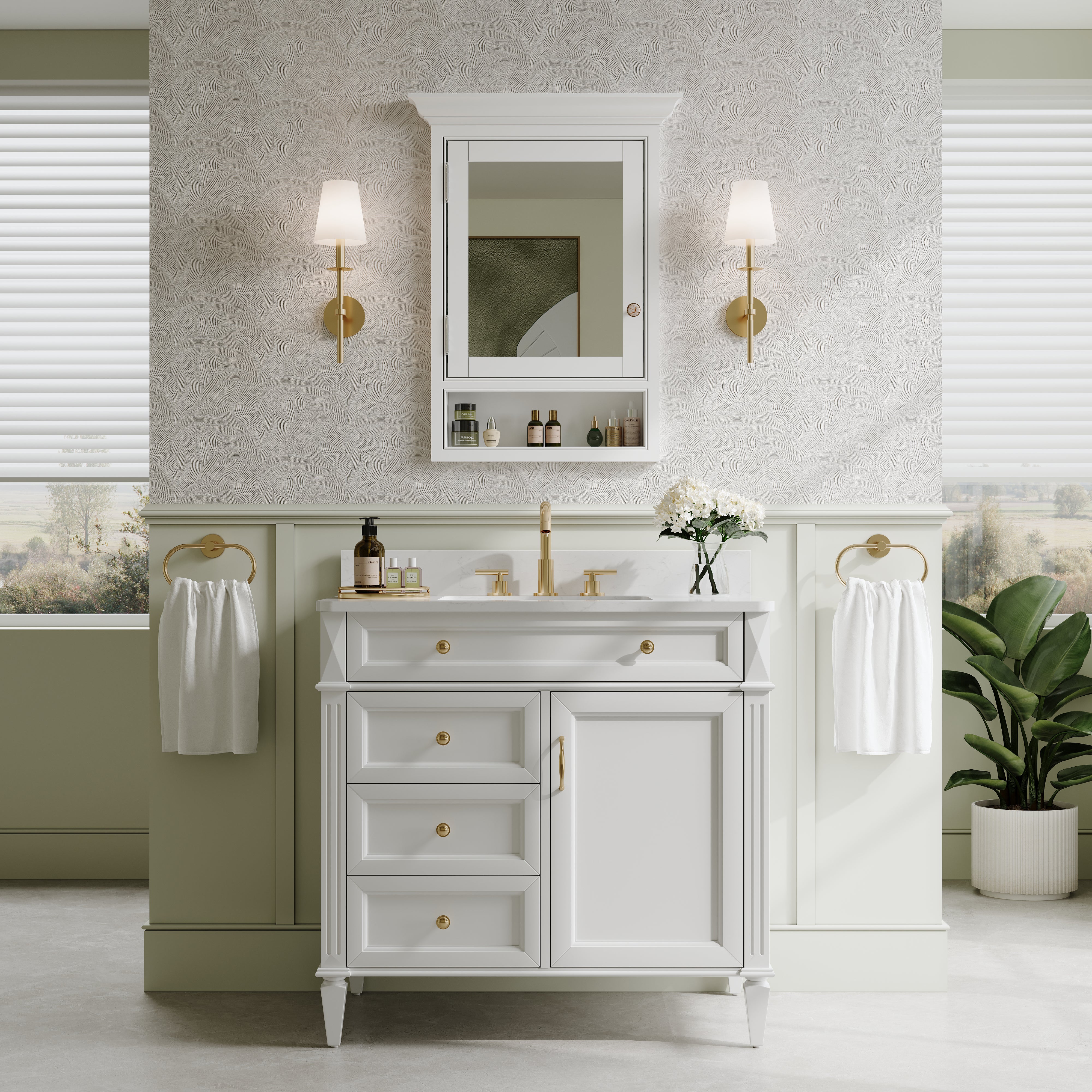 24 in. W x 32 in. H Recess Mount Bathroom Wood Medicine Cabinet with Mirror in White