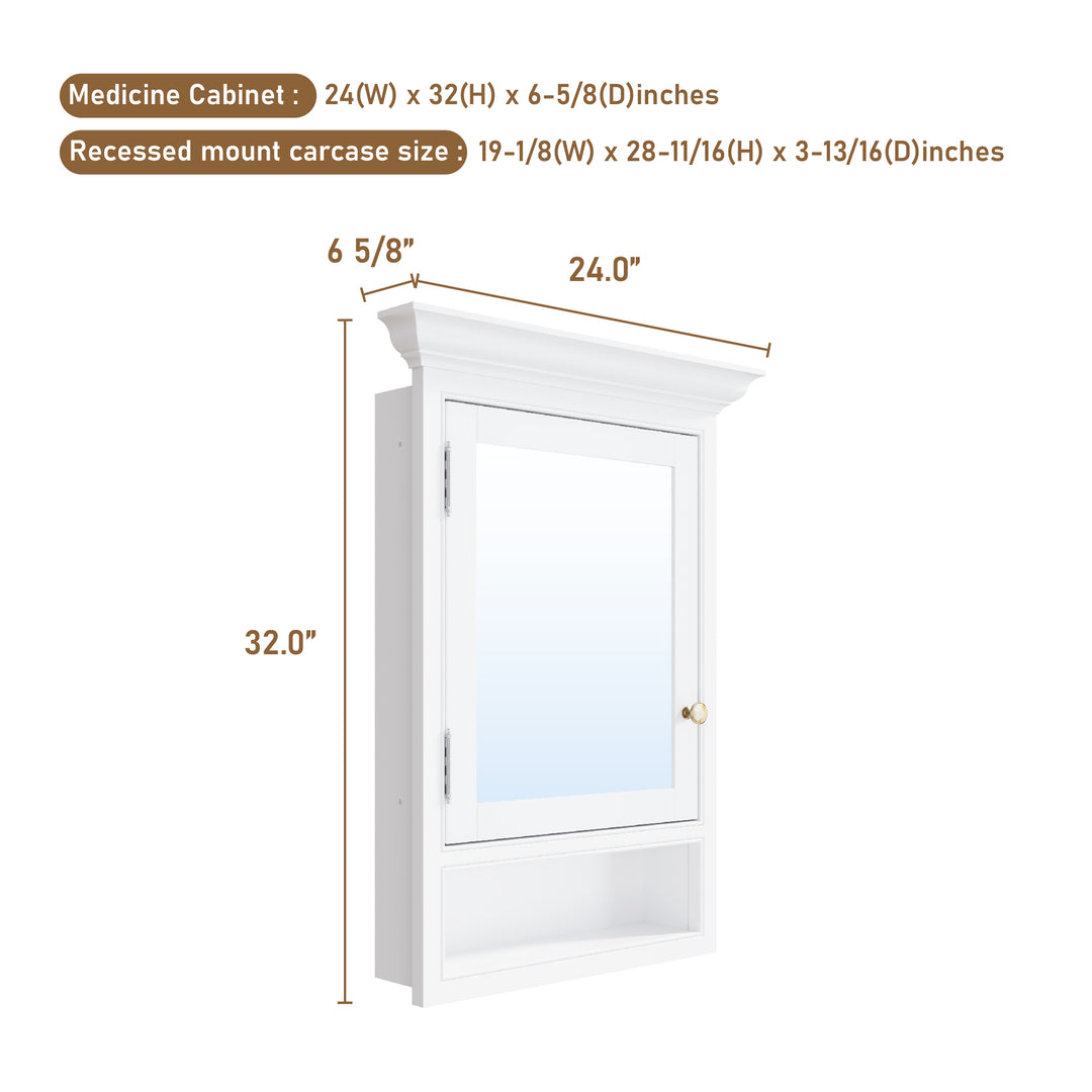 24 in. W x 32 in. H Recess Mount Bathroom Wood Medicine Cabinet with Mirror in White