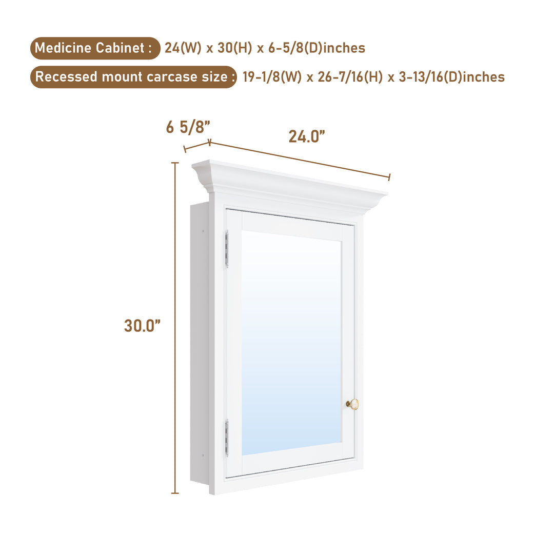 24 in. W x 30 in. H Recess Mount Bathroom Wood Medicine Cabinet with Mirror in White