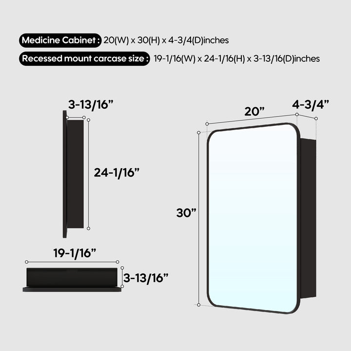 20 in. × 30 in. Black Aluminum Medicine Cabinet Tempered Glass Shelves Explosion Proof Recessed or Wall Mount