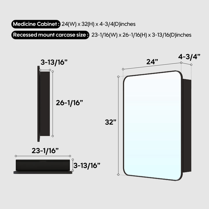 24 in. × 32 in. Black Aluminum Medicine Cabinet Tempered Glass Shelves Explosion Proof Recessed or Wall Mount