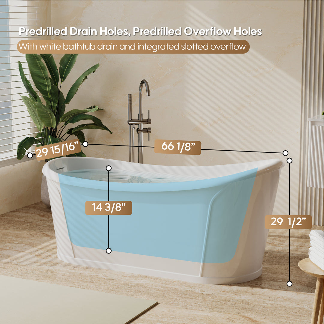 66" White Acrylic Freestanding Bathtub with Integrated Slotted Overflow