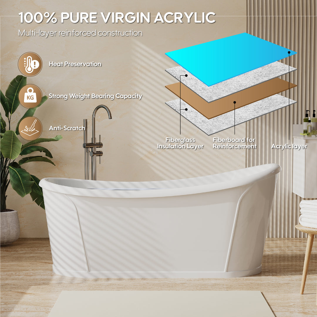 66" White Acrylic Freestanding Bathtub with Integrated Slotted Overflow