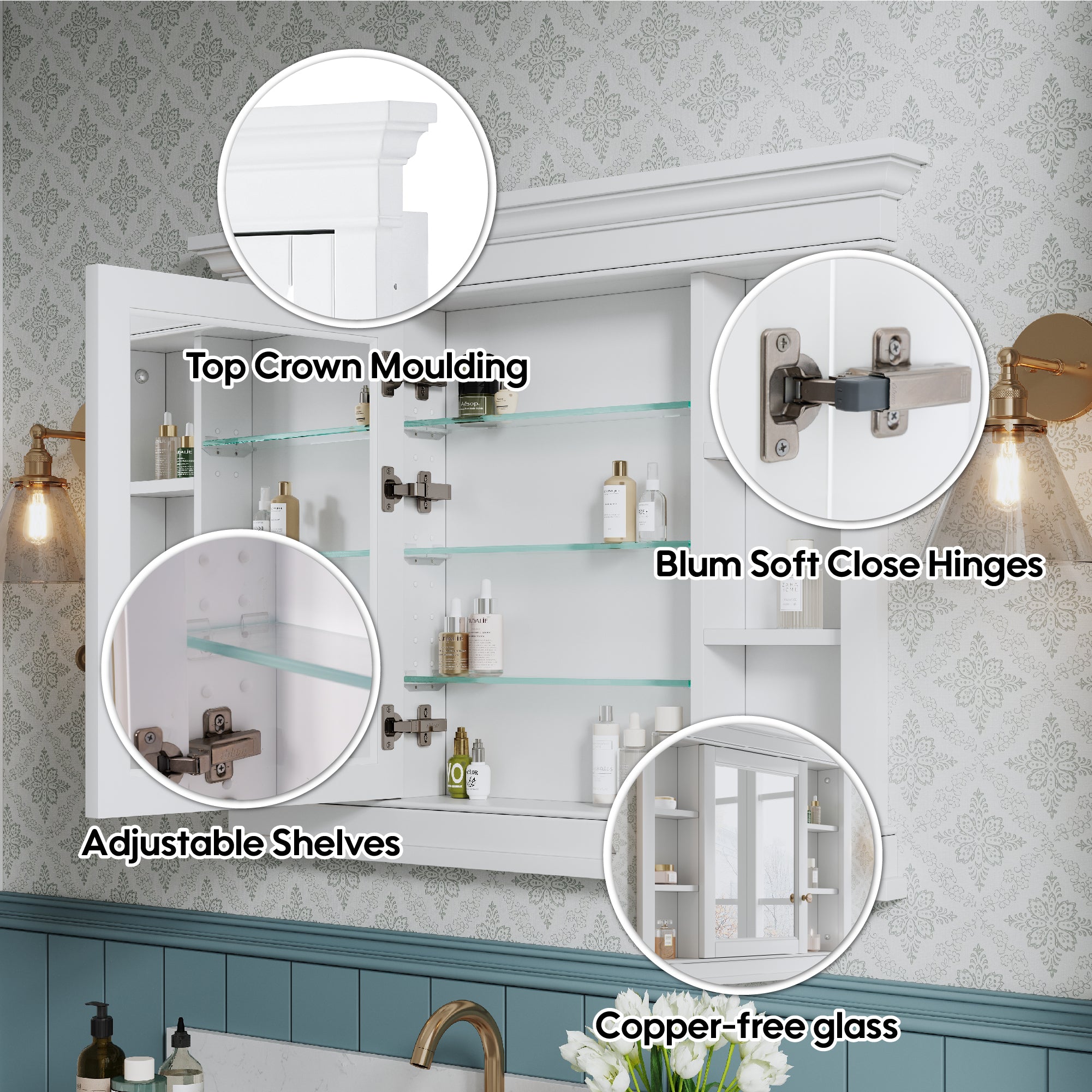 42 in.  W x 32 in.  H White Recessed installation Bathroom Medicine Wood Cabinet with Mirror