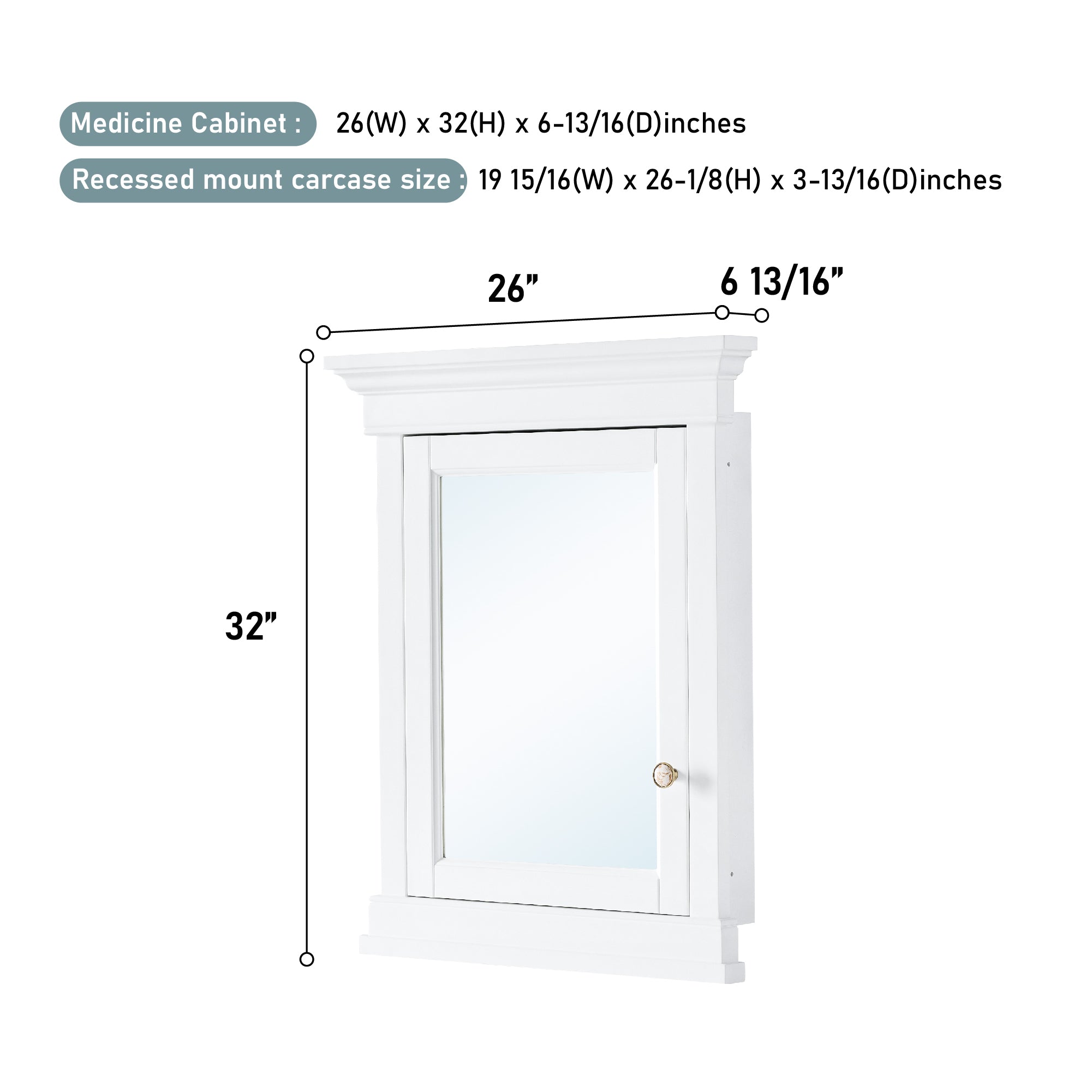 24 in.  W x 32 in.  H White Recessed installation Bathroom Medicine Wood Cabinet with Mirror