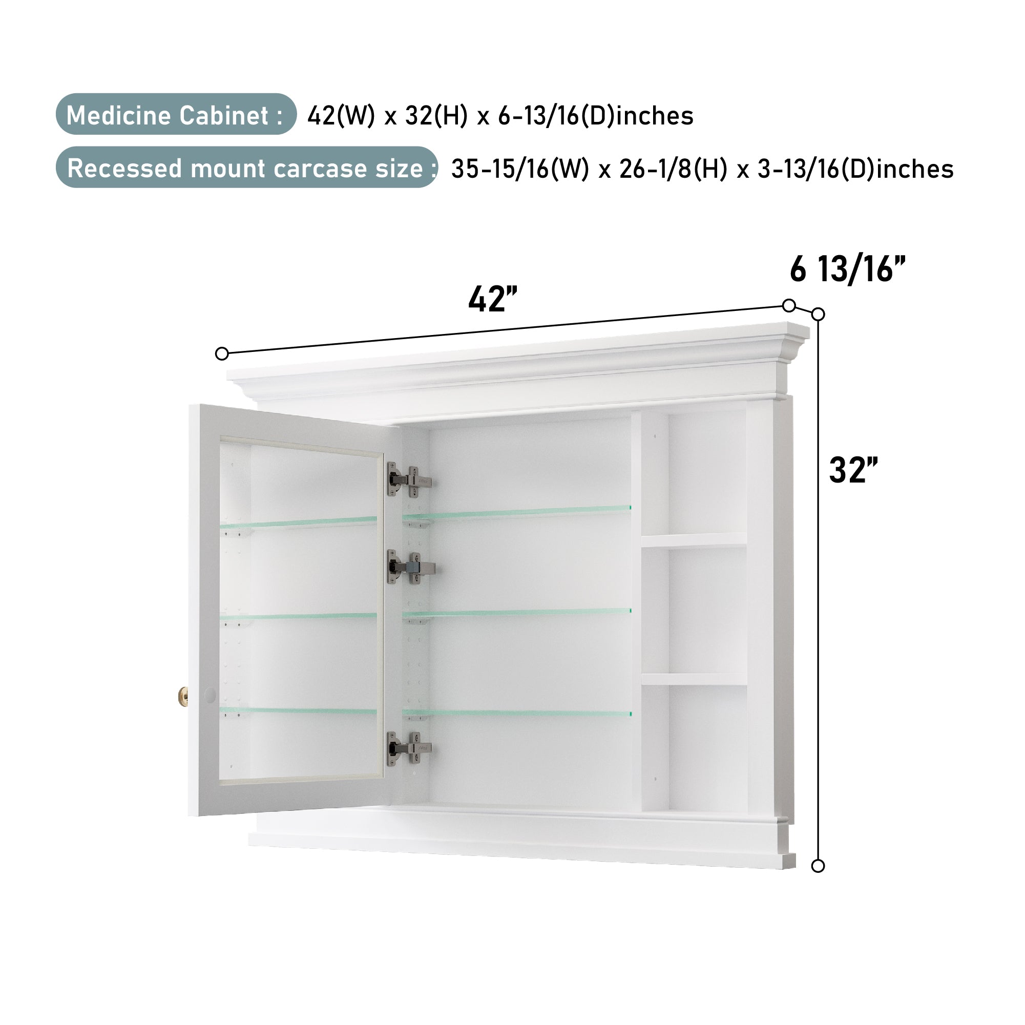 42 in.  W x 32 in.  H White Recessed installation Bathroom Medicine Wood Cabinet with Mirror