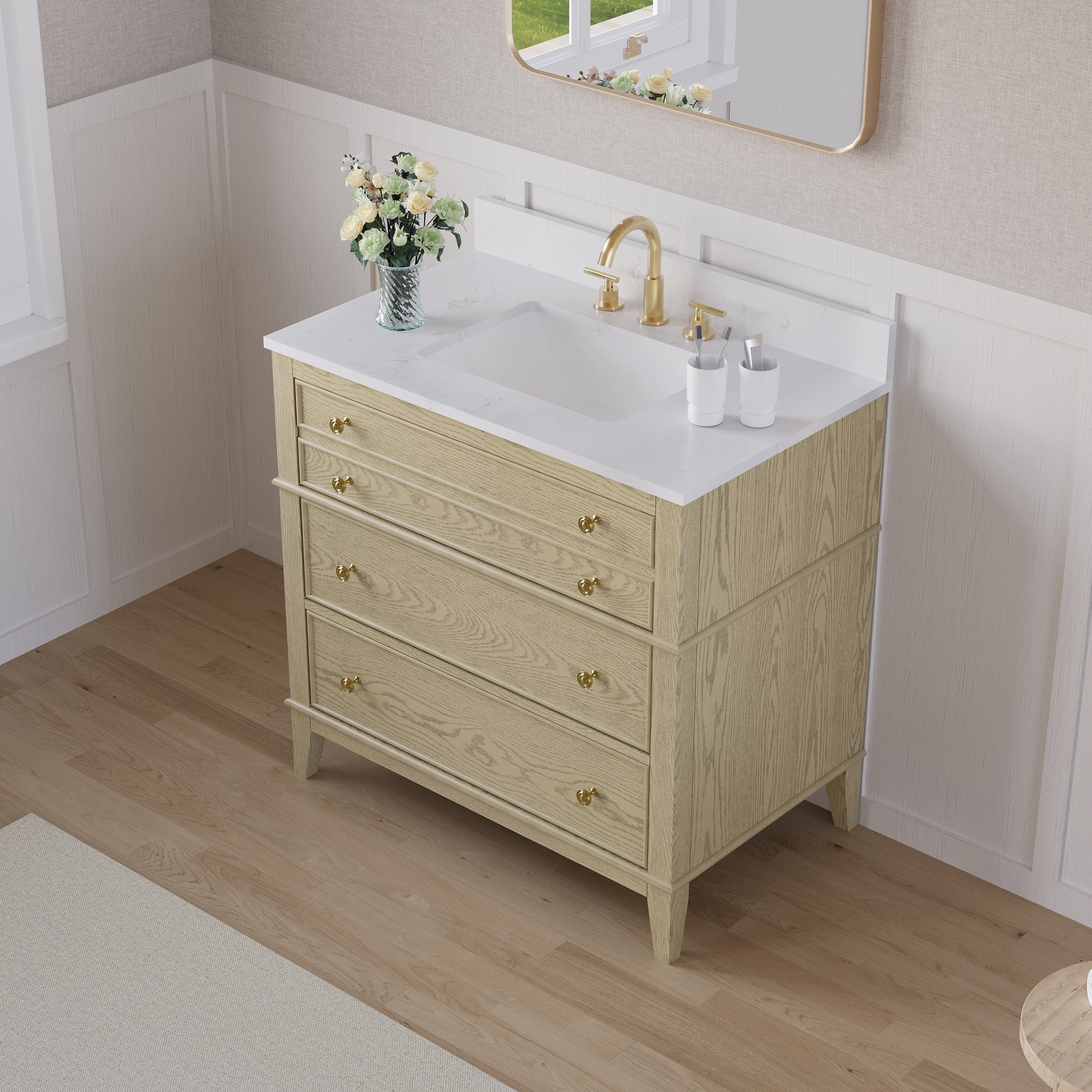 36 in. OAK Single Sink Freestanding Solid Wood Bathroom Vanity Storage Organizer with Carrara White Quartz Countertop