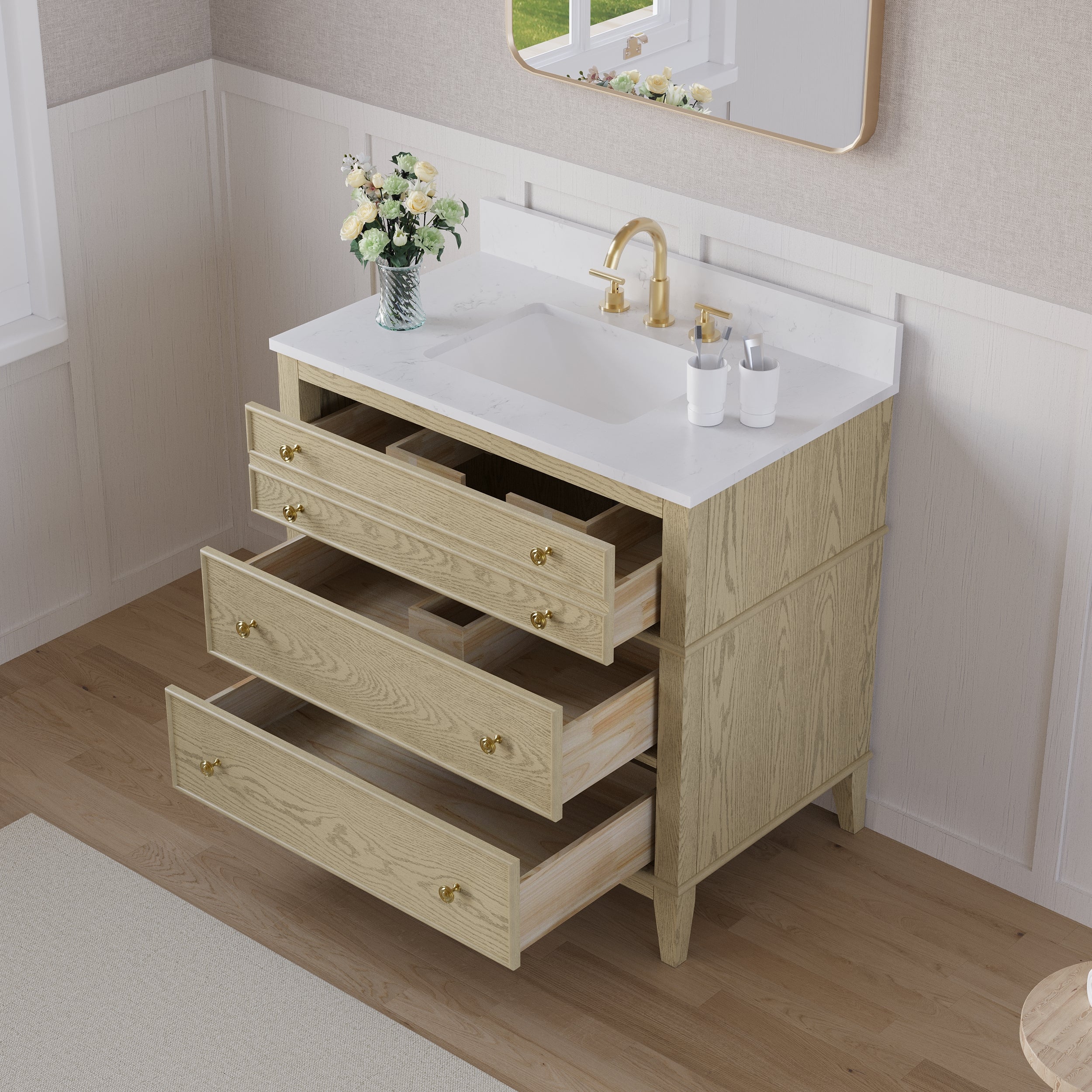 36 in. OAK Single Sink Freestanding Solid Wood Bathroom Vanity Storage Organizer with Carrara White Quartz Countertop