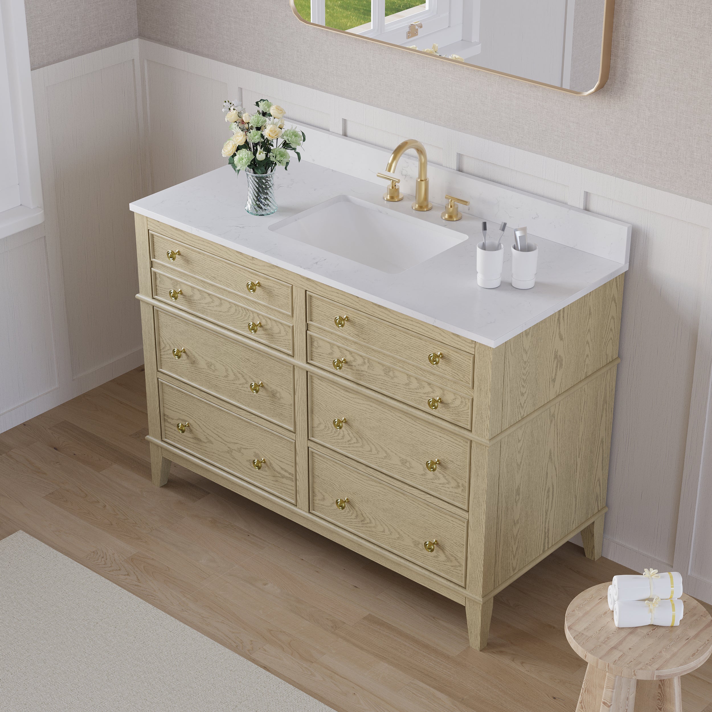 48 in. OAK Single Sink Freestanding Solid Wood Bathroom Vanity Storage Organizer with Carrara White Quartz Countertop