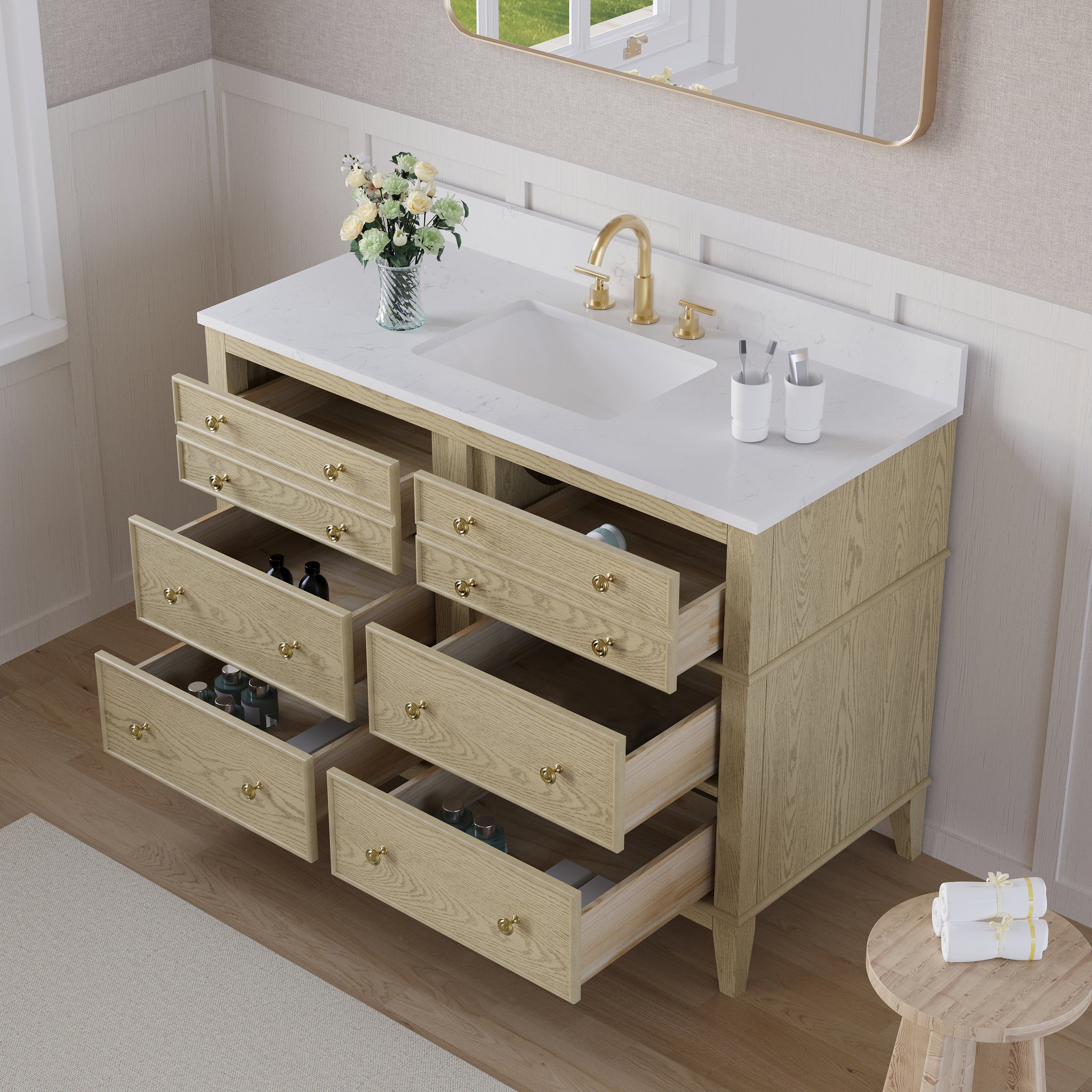 48 in. OAK Single Sink Freestanding Solid Wood Bathroom Vanity Storage Organizer with Carrara White Quartz Countertop