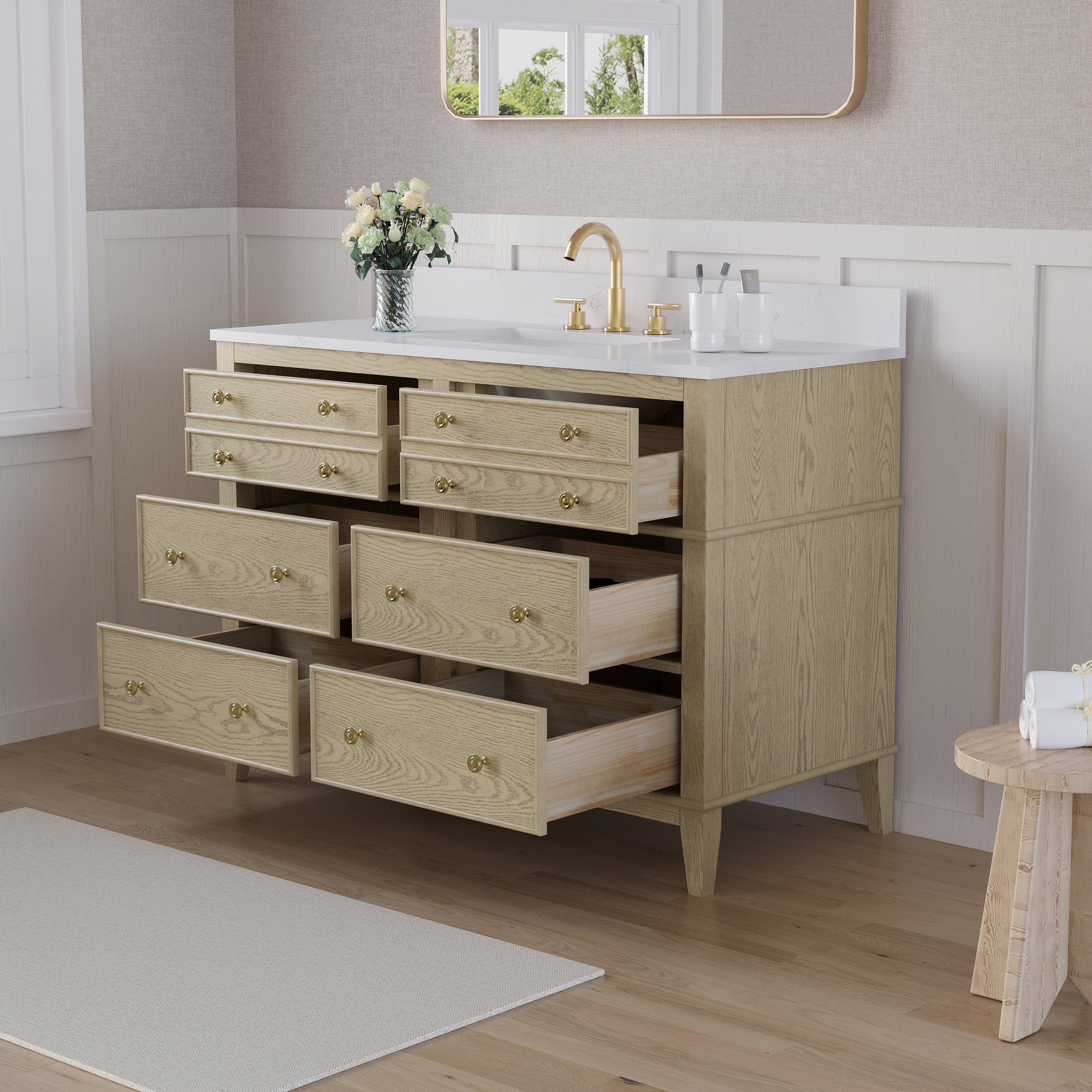 48 in. OAK Single Sink Freestanding Solid Wood Bathroom Vanity Storage Organizer with Carrara White Quartz Countertop