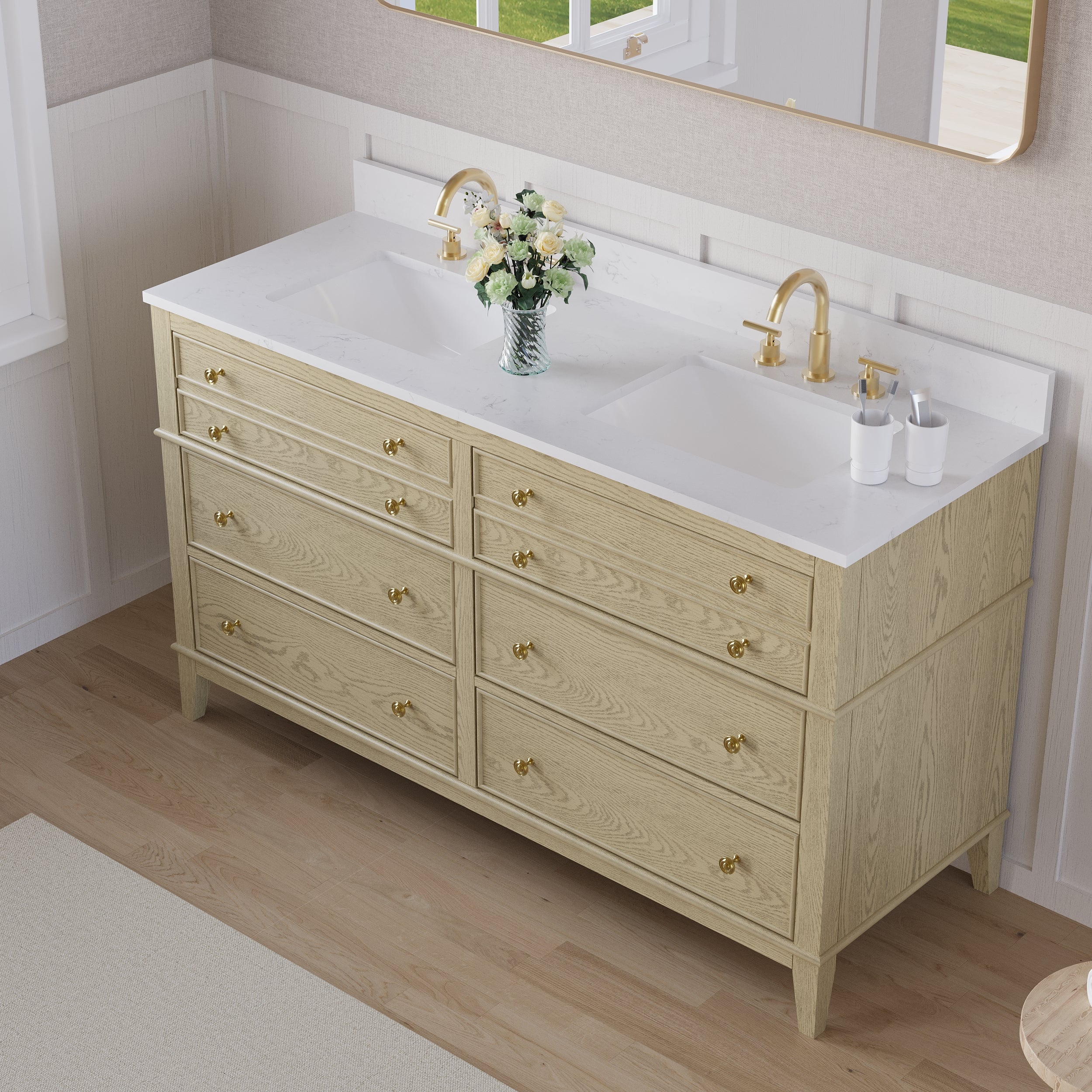 60 in. OAK Double Sinks Freestanding Solid Wood Bathroom Vanity Storage Organizer with Carrara White Quartz Countertop