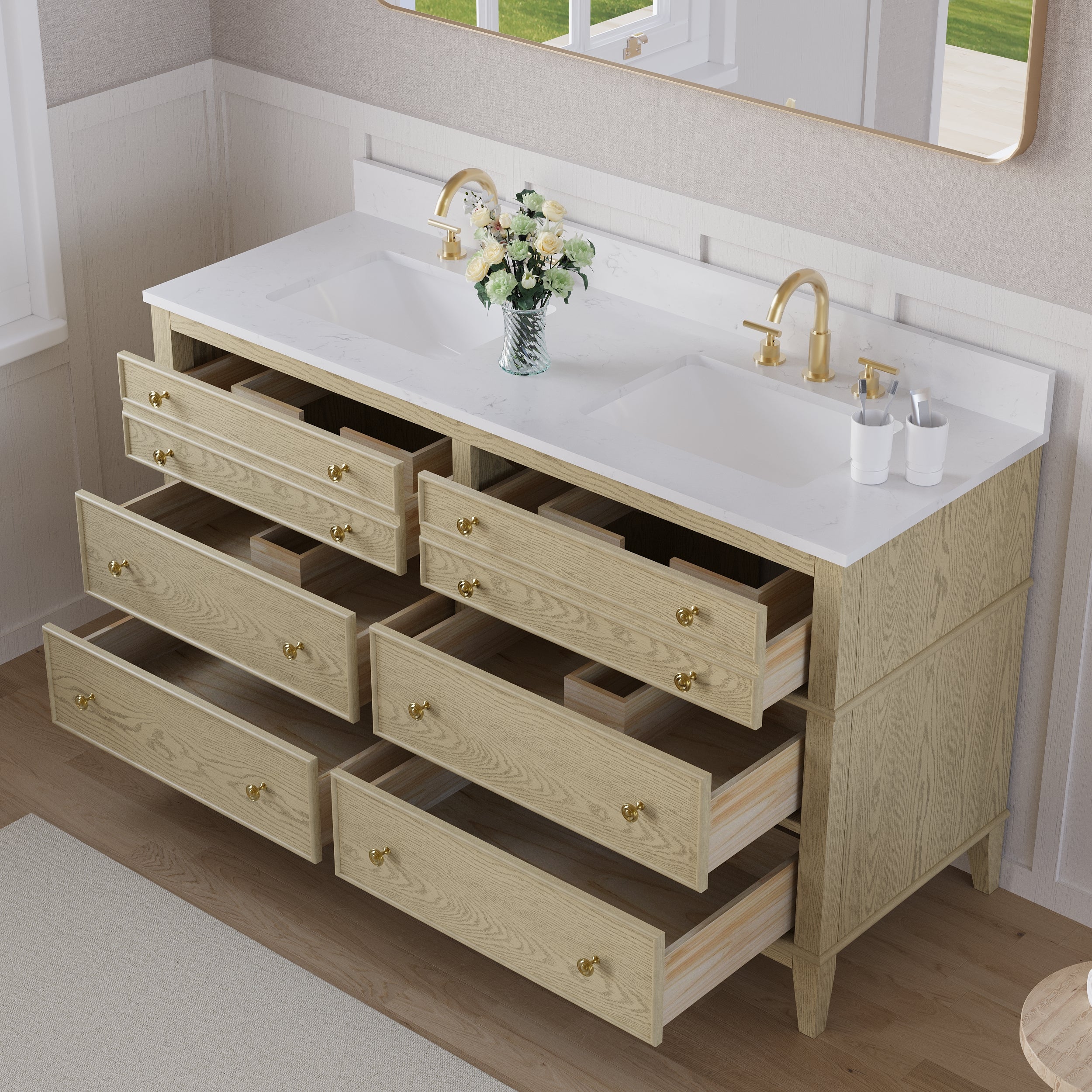 60 in. OAK Double Sinks Freestanding Solid Wood Bathroom Vanity Storage Organizer with Carrara White Quartz Countertop