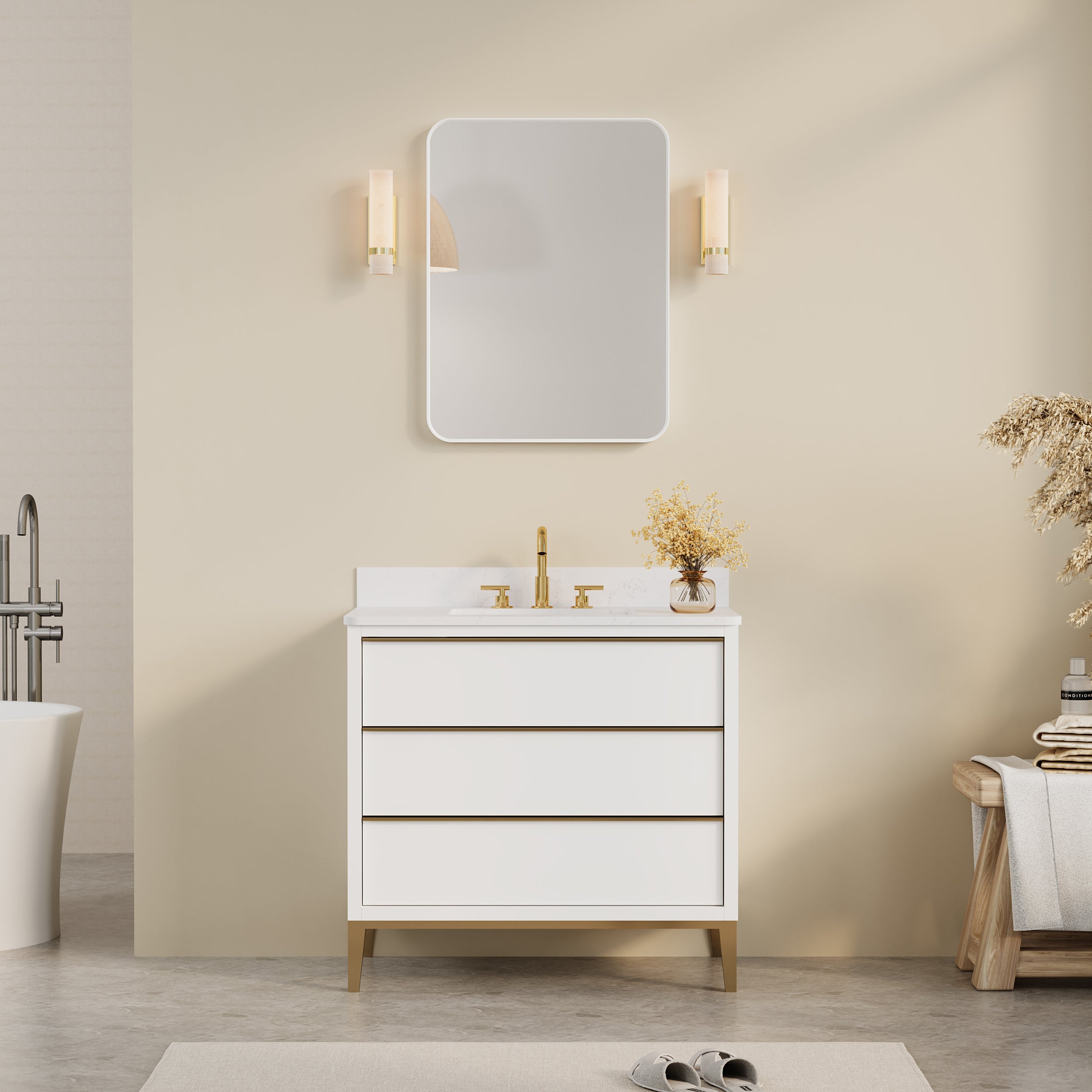 24-in W x 32-in H White Rectangular Framed Bathroom Vanity Mirror