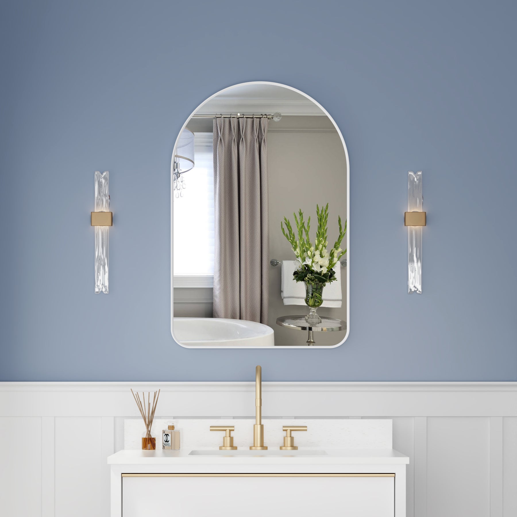 24 in. W x 36 in. H Arched Aluminum Framed Wall Bathroom Vanity Mirror in White