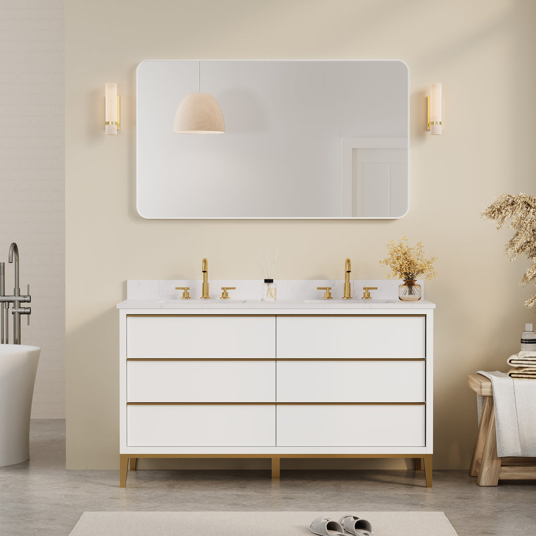 55-in W x 32-in H White Rectangular Framed Bathroom Vanity Mirror