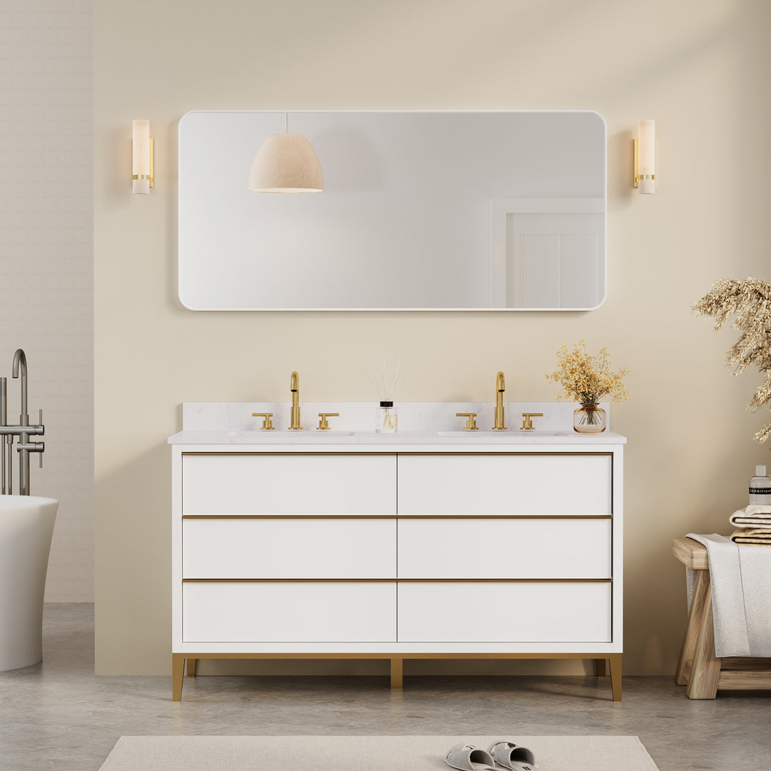 60-in W x 28-in H White Rectangular Framed Bathroom Vanity Mirror