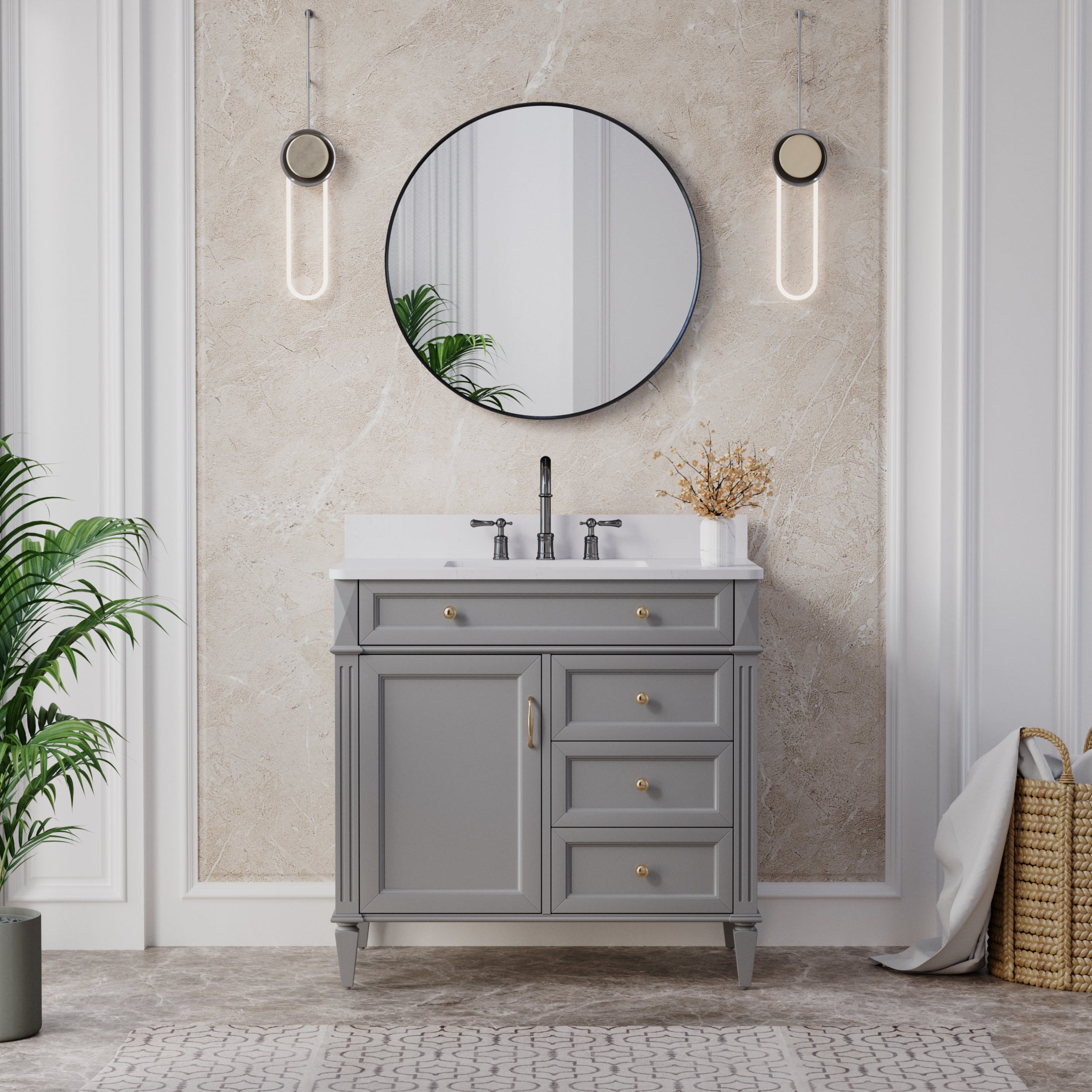 36 in. Bathroom Vanity in Grey with Quartz Vanity Top in Carrara with Single White Basin