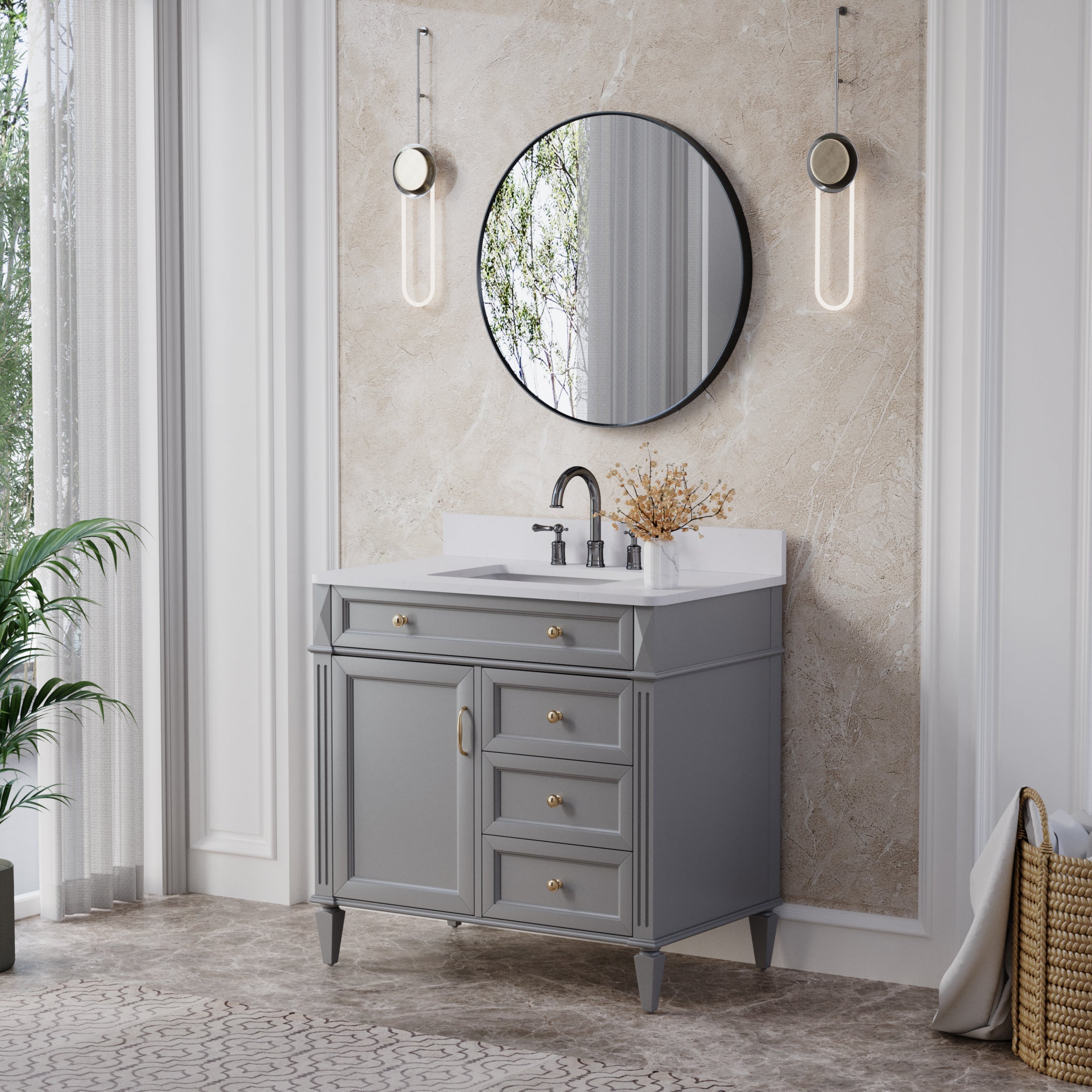 36 in. Bathroom Vanity in Grey with Quartz Vanity Top in Carrara with Single White Basin