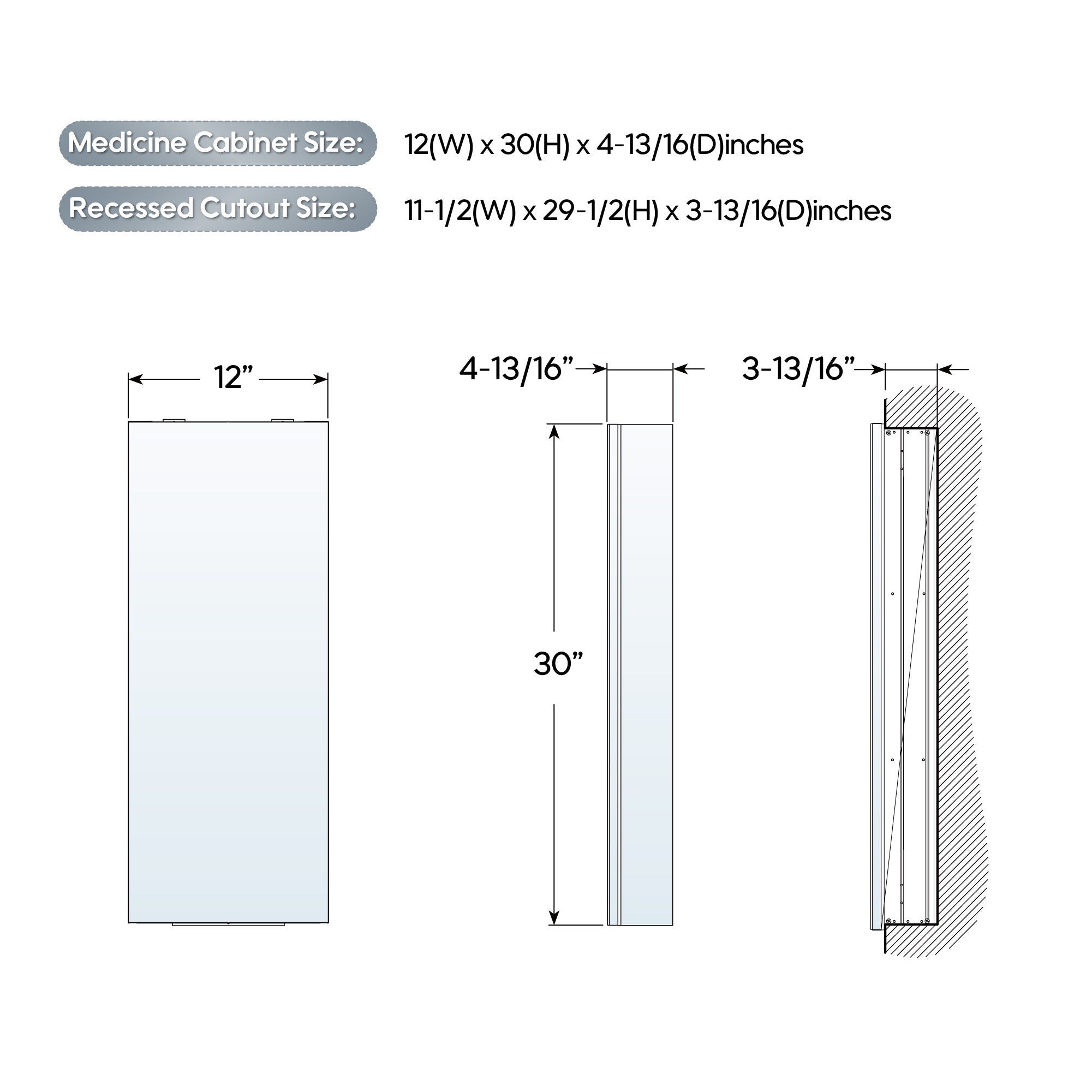 12 in. ×30 in. Copper-Free Bi-View Medicine Cabinet with Adjustable Shelves and Right Swing