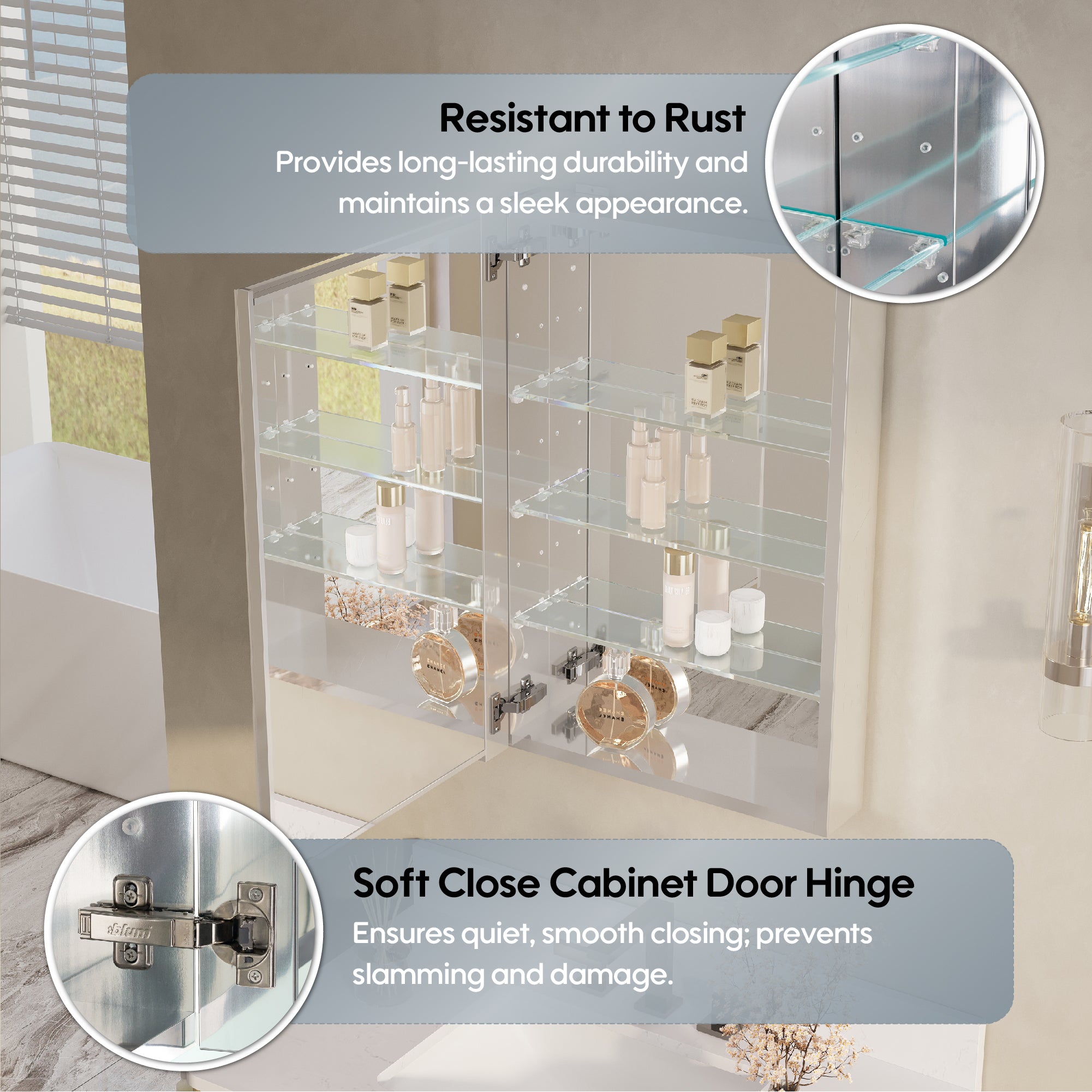 20 in.×30 in. Copper-Free Tri-Views Mirror Cabinet with Adjustable Shelves and Left Swing Door