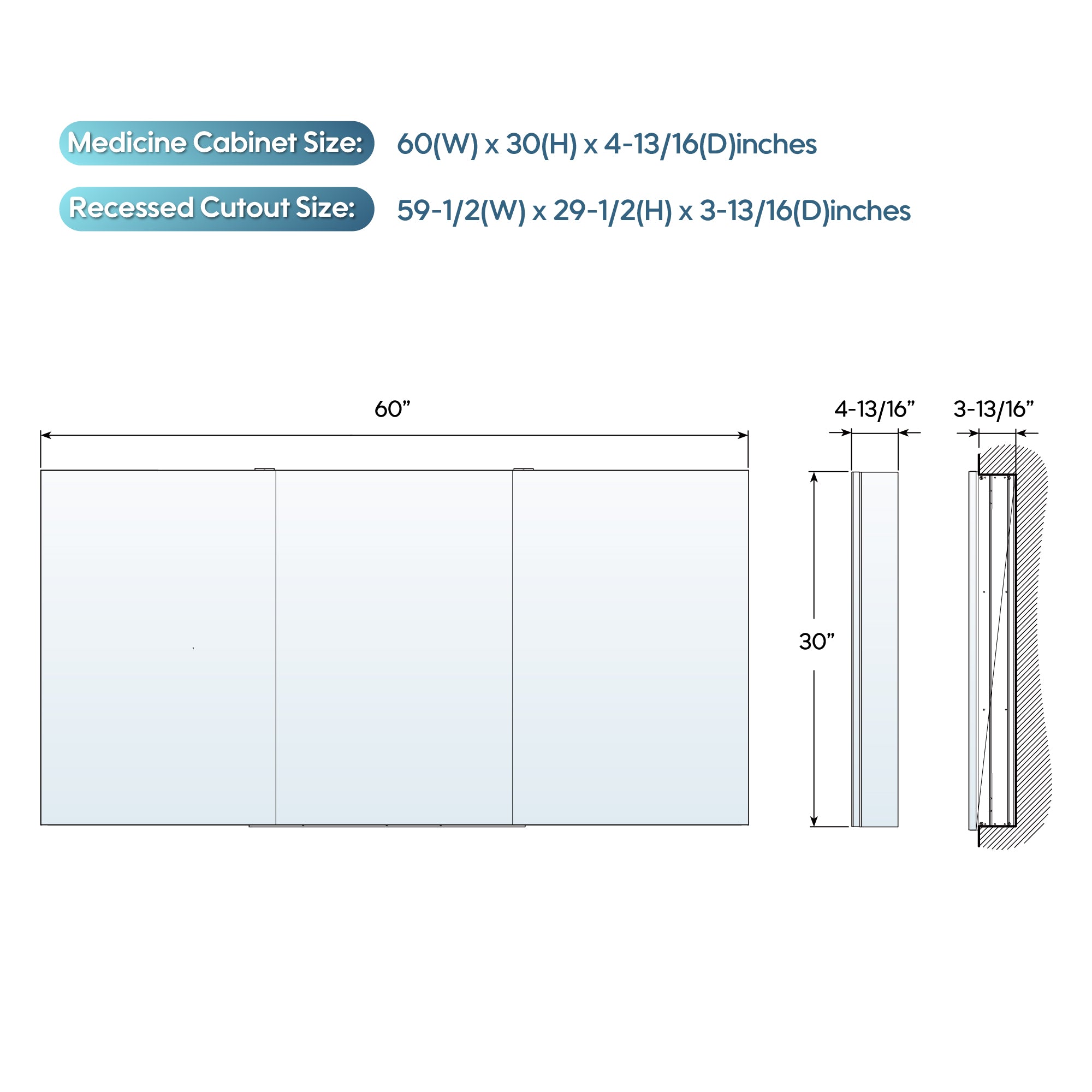 60 in. ×30 in. Copper-Free Tri-Views Mirror Medicine Cabinet with Adjustable Shelves and Triple Swing Doors