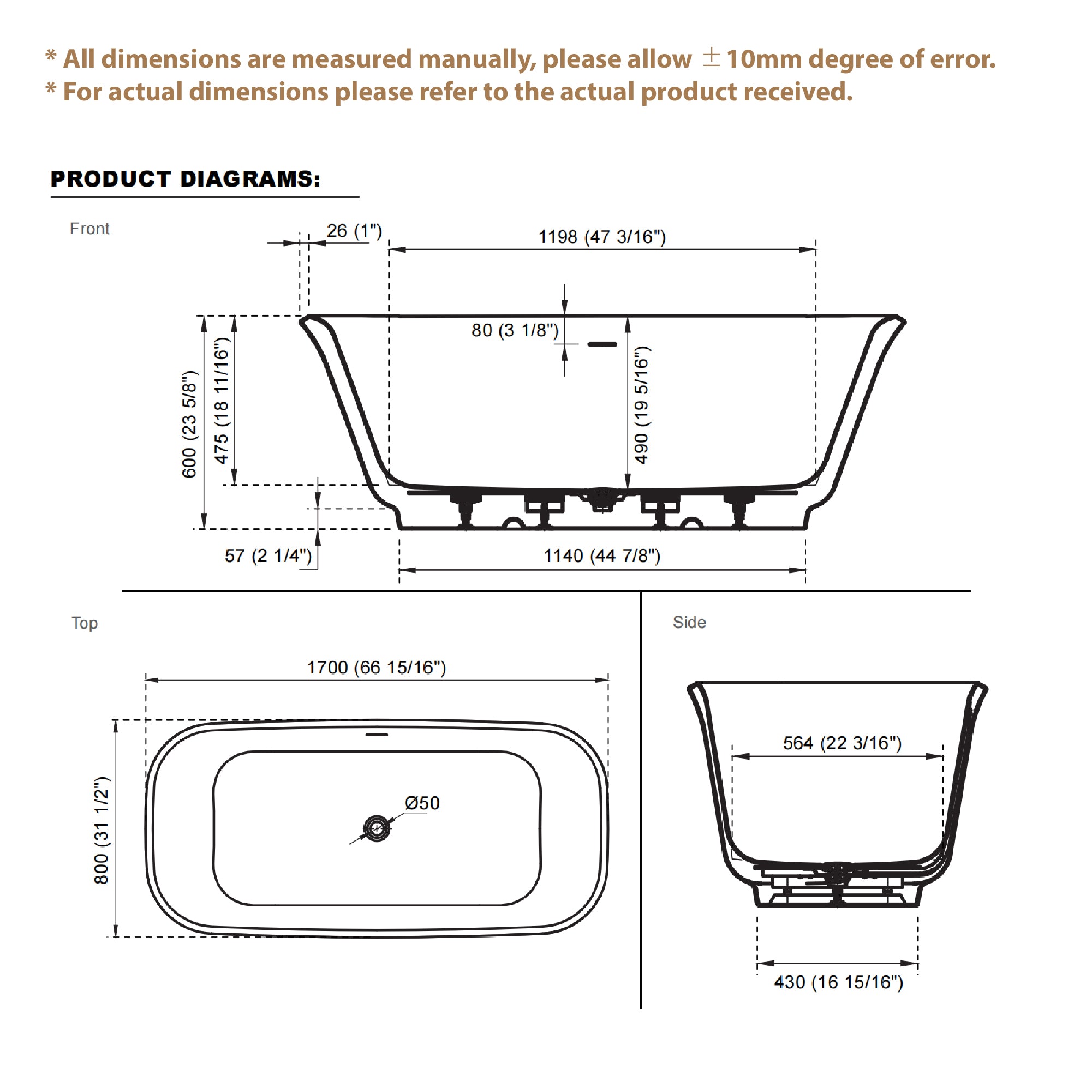 67" Freestanding Glossy White Acrylic Bathtub with Chrome Overflow