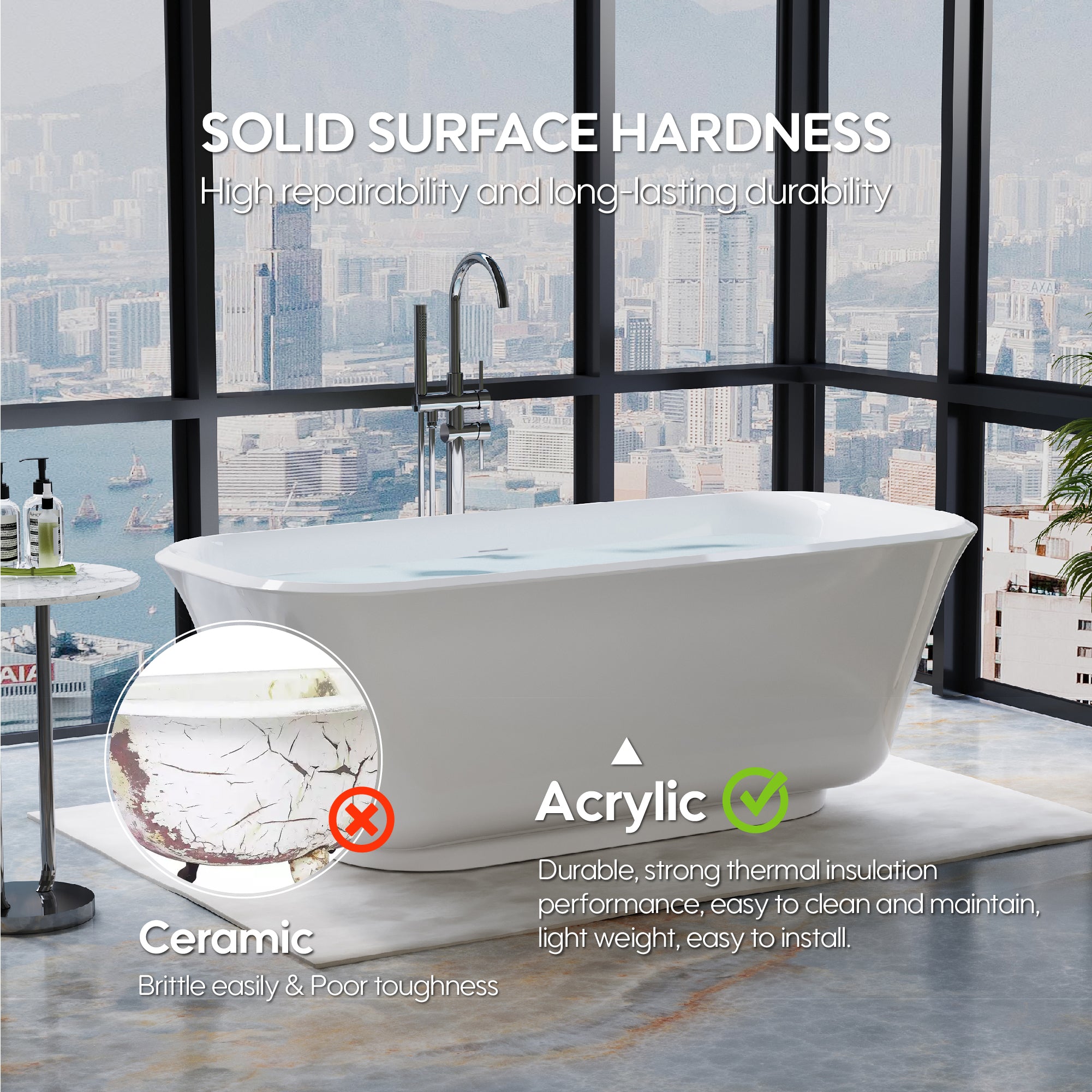 67" Freestanding Glossy White Acrylic Bathtub with Chrome Overflow