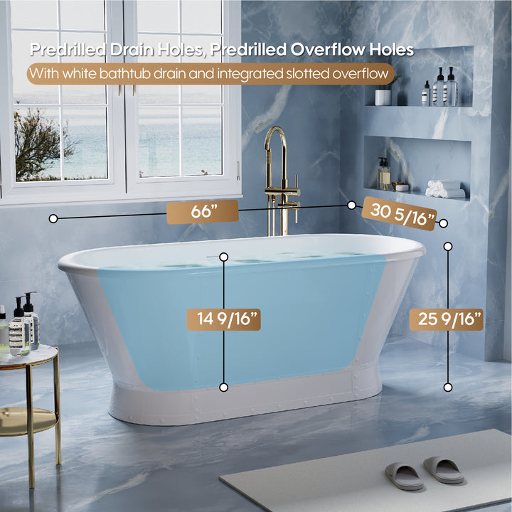 66" Freestanding Glossy White Acrylic Bathtub with Integrated Overflow