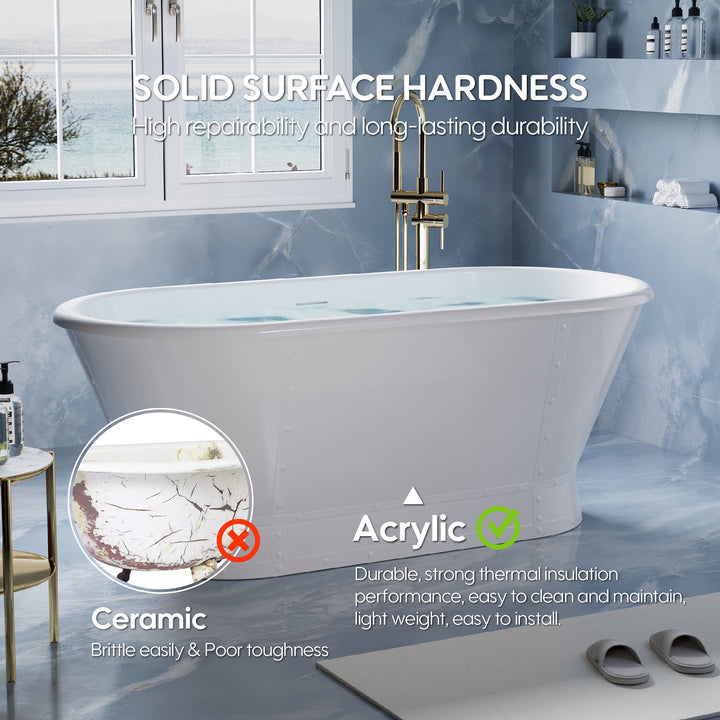 66" Freestanding Glossy White Acrylic Bathtub with Integrated Overflow