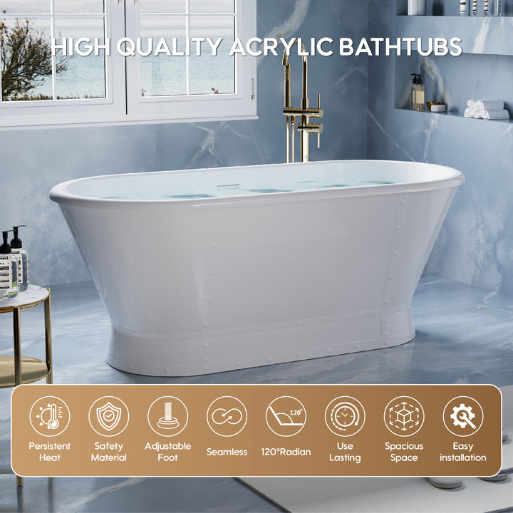 66" Freestanding Glossy White Acrylic Bathtub with Integrated Overflow