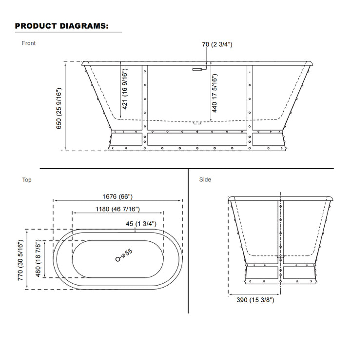 66" Freestanding Glossy White Acrylic Bathtub with Integrated Overflow