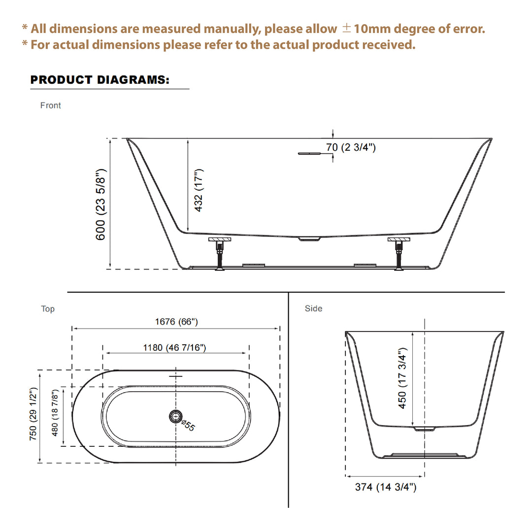 66" Freestanding Glossy White Acrylic Bathtub with Slotted Overflow