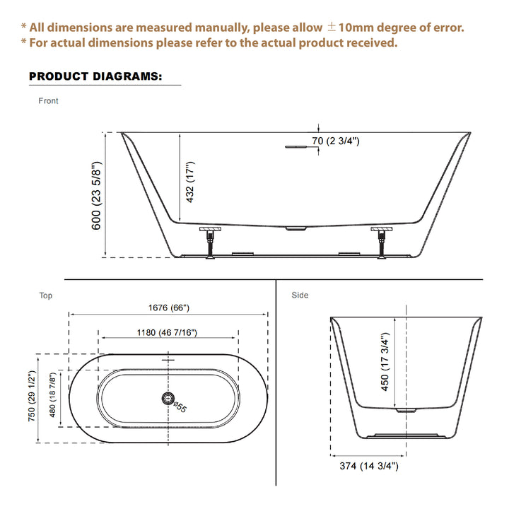 66" Freestanding Glossy White Acrylic Bathtub with Slotted Overflow