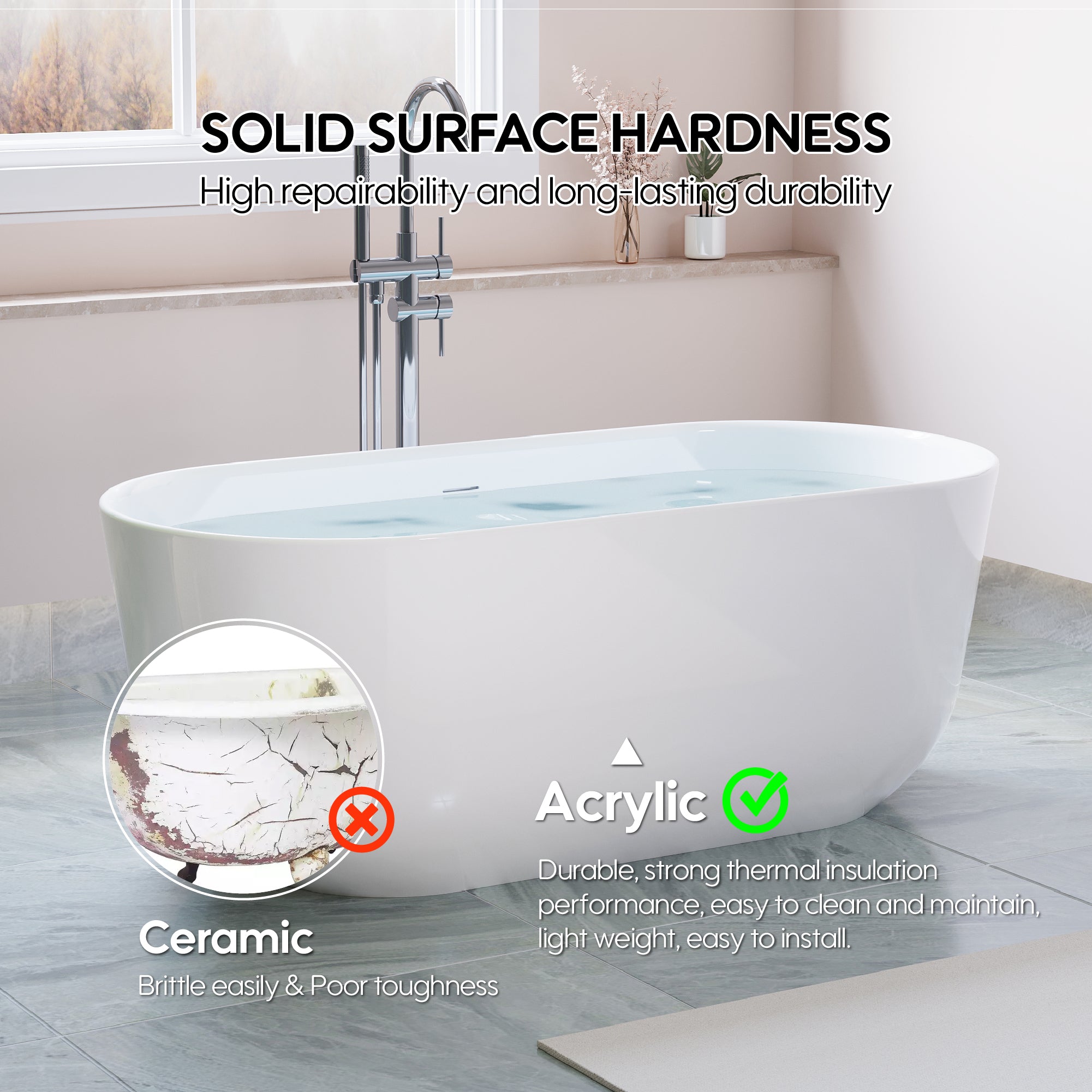 60" Freestanding Glossy White Acrylic Bathtub with Slotted Overflow