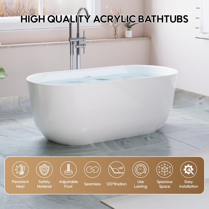 60" Freestanding Glossy White Acrylic Bathtub with Slotted Overflow