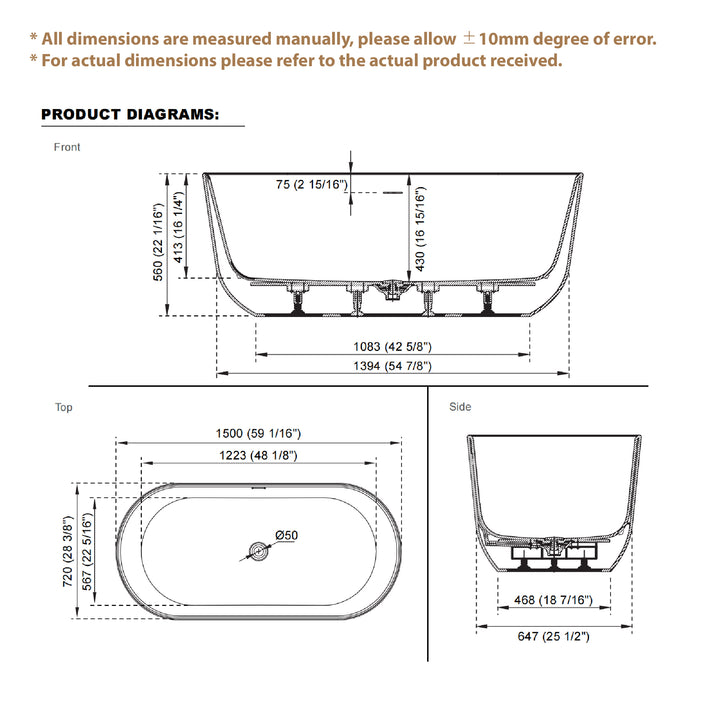 60" Freestanding Glossy White Acrylic Bathtub with Slotted Overflow