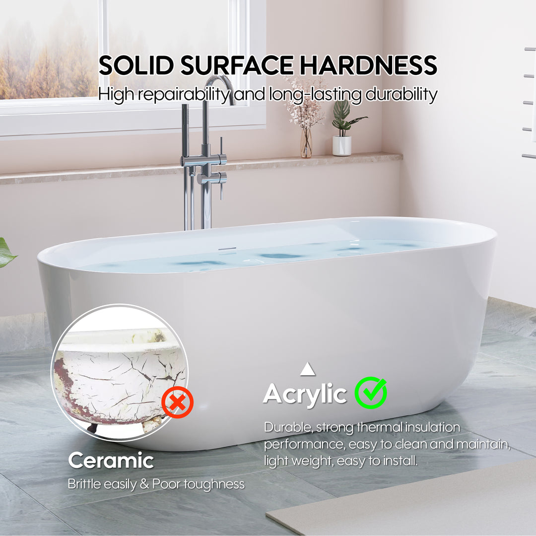 67" Freestanding Glossy White Acrylic Bathtub with Integrated Overflow